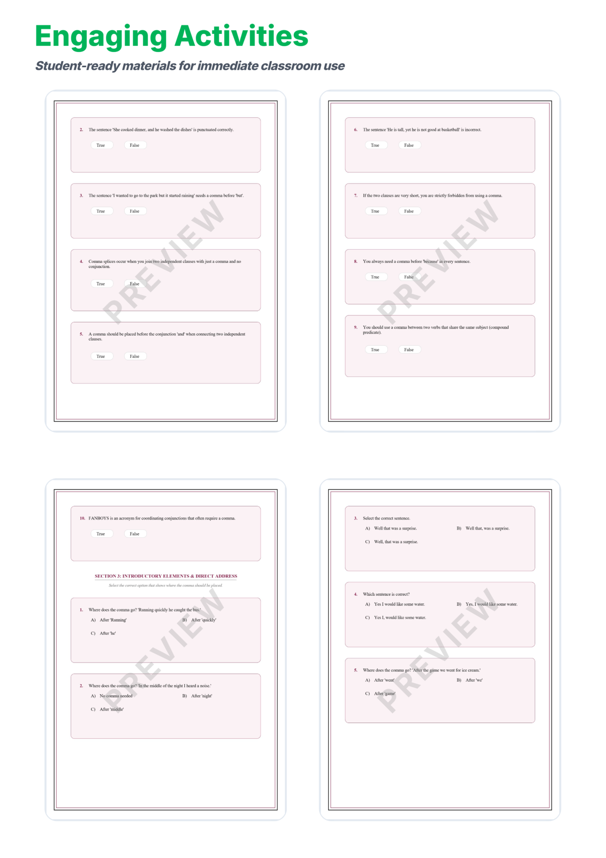 Preview sheet 4 of Comma Usage Worksheet Packet – Series Introductory Clauses and Dates Rules