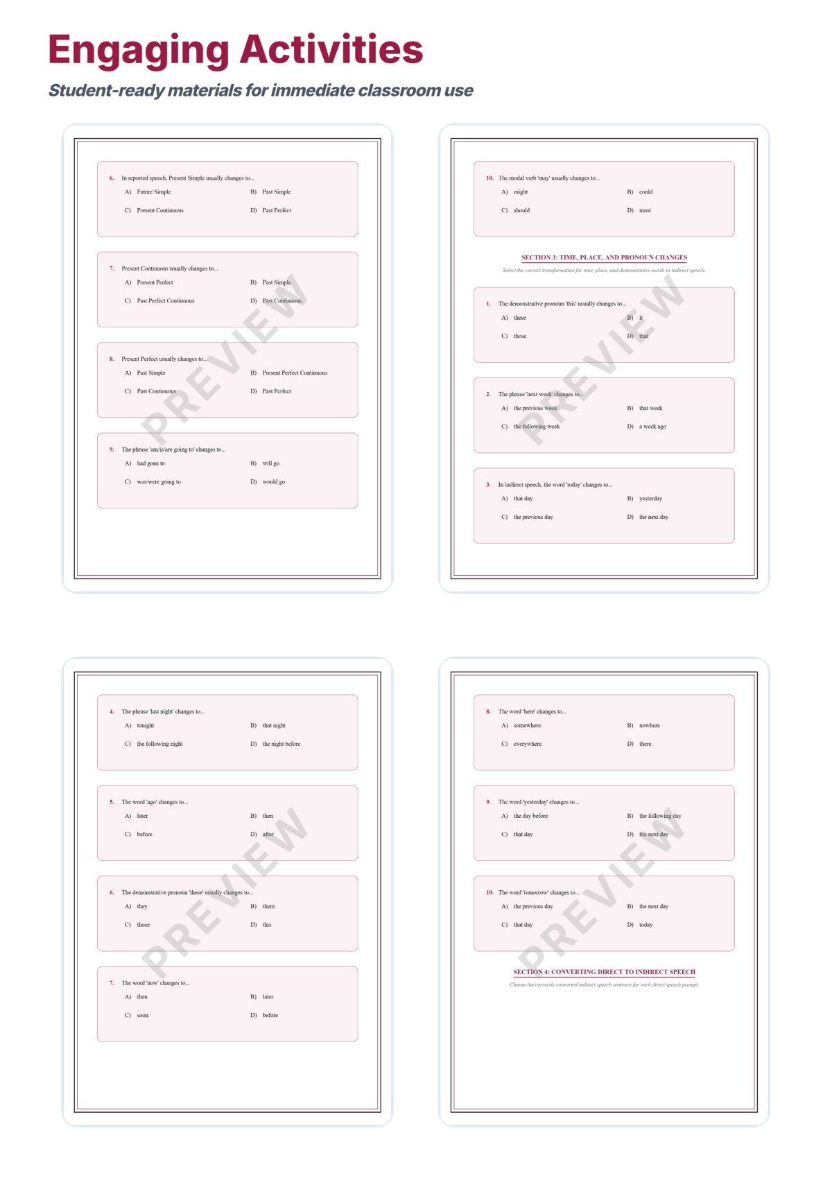 Preview sheet 4 of Direct and Indirect Speech Worksheets – Reported Speech & Dialogue Practice