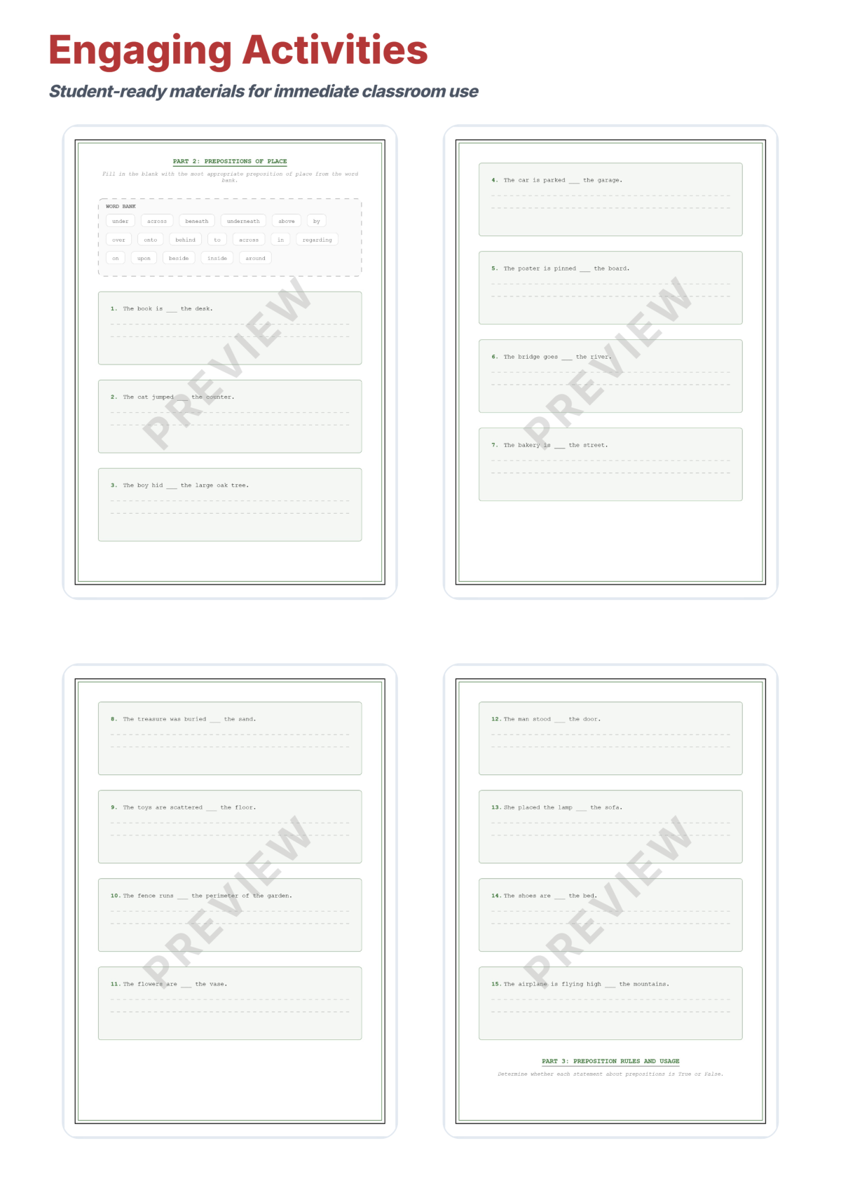 Preview sheet 4 of Prepositions and Prepositional Phrases Worksheets – Time Place & Direction