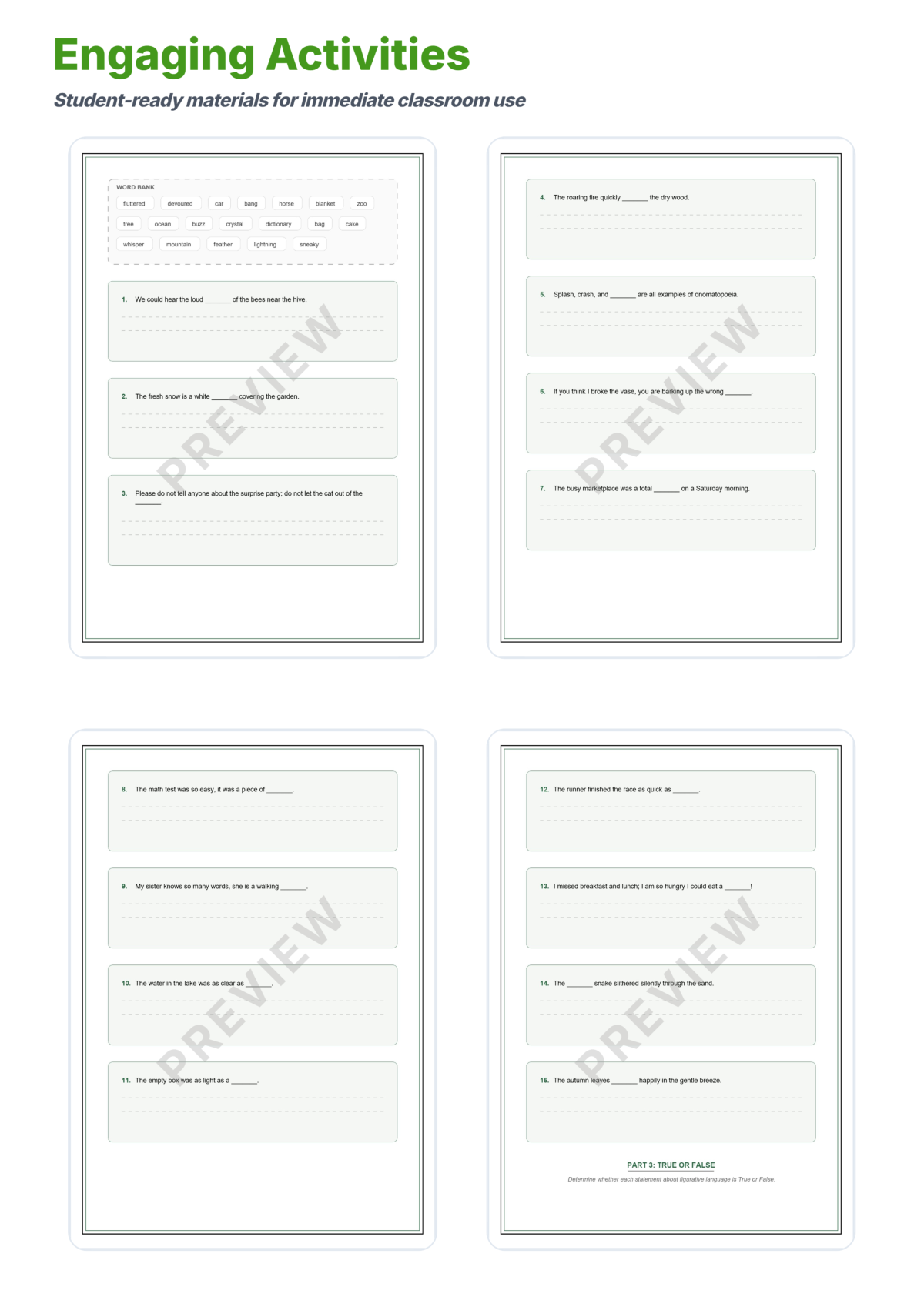 Preview sheet 4 of Figurative Language Worksheets – Simile Metaphor Personification & Idioms