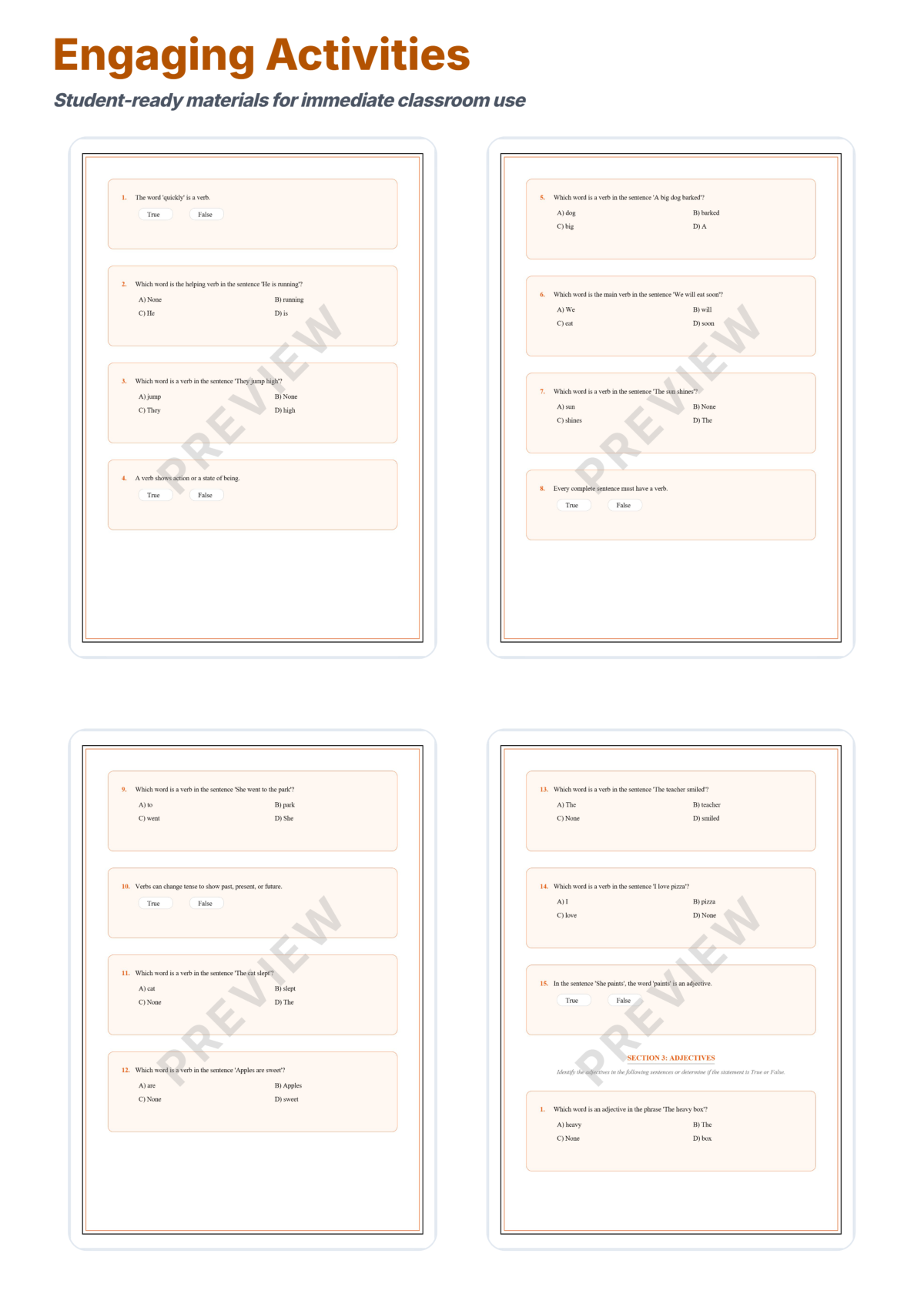 Preview sheet 4 of Parts of Speech Worksheets – Nouns Verbs Adjectives & Adverbs Practice Set