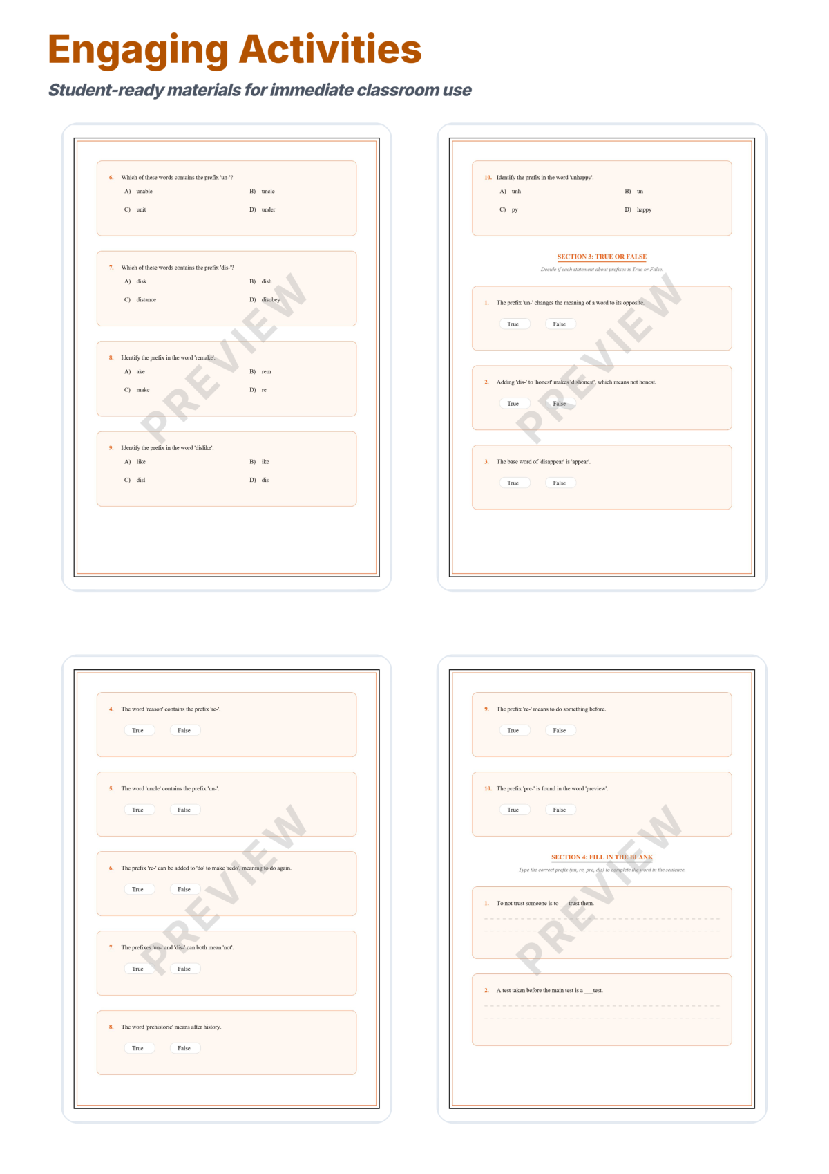 Preview sheet 4 of Prefixes Un Re Pre Dis Worksheet Packet – Word Study & Root Word Practice