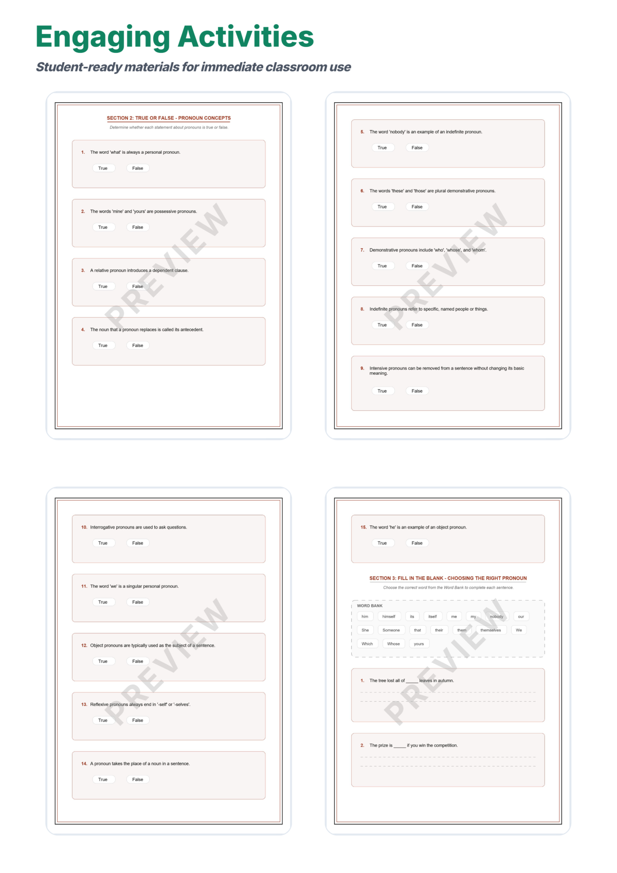 Preview sheet 4 of Pronoun Types Worksheet Packet – Subject Object Reflexive & Relative Forms