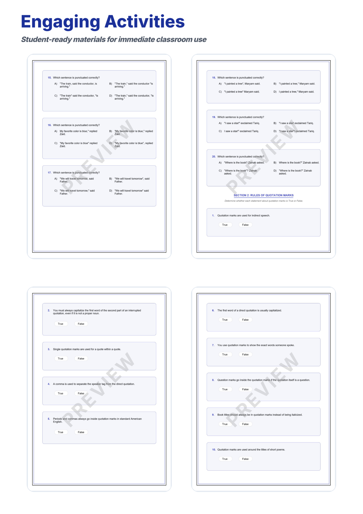 Preview sheet 4 of Quotation Marks Practice Worksheets – Dialogue Punctuation & Short Titles
