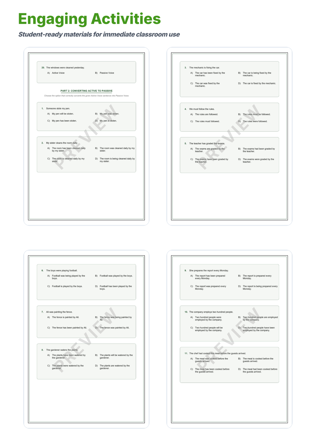 Preview sheet 4 of Active and Passive Voice Worksheets | Grammar Practice, Answer Key, Lesson Plan