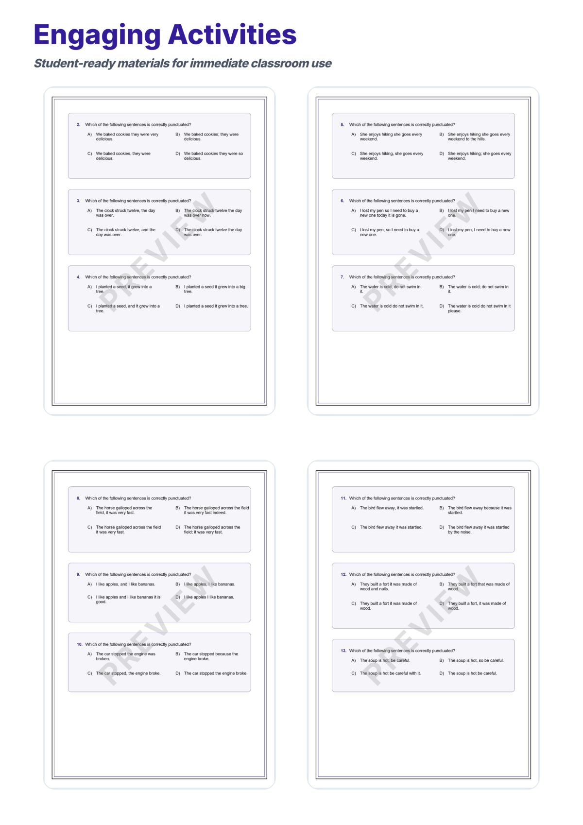 Preview sheet 4 of Run-On Sentences Worksheets – Comma Splices and Fused Sentence Practice Set