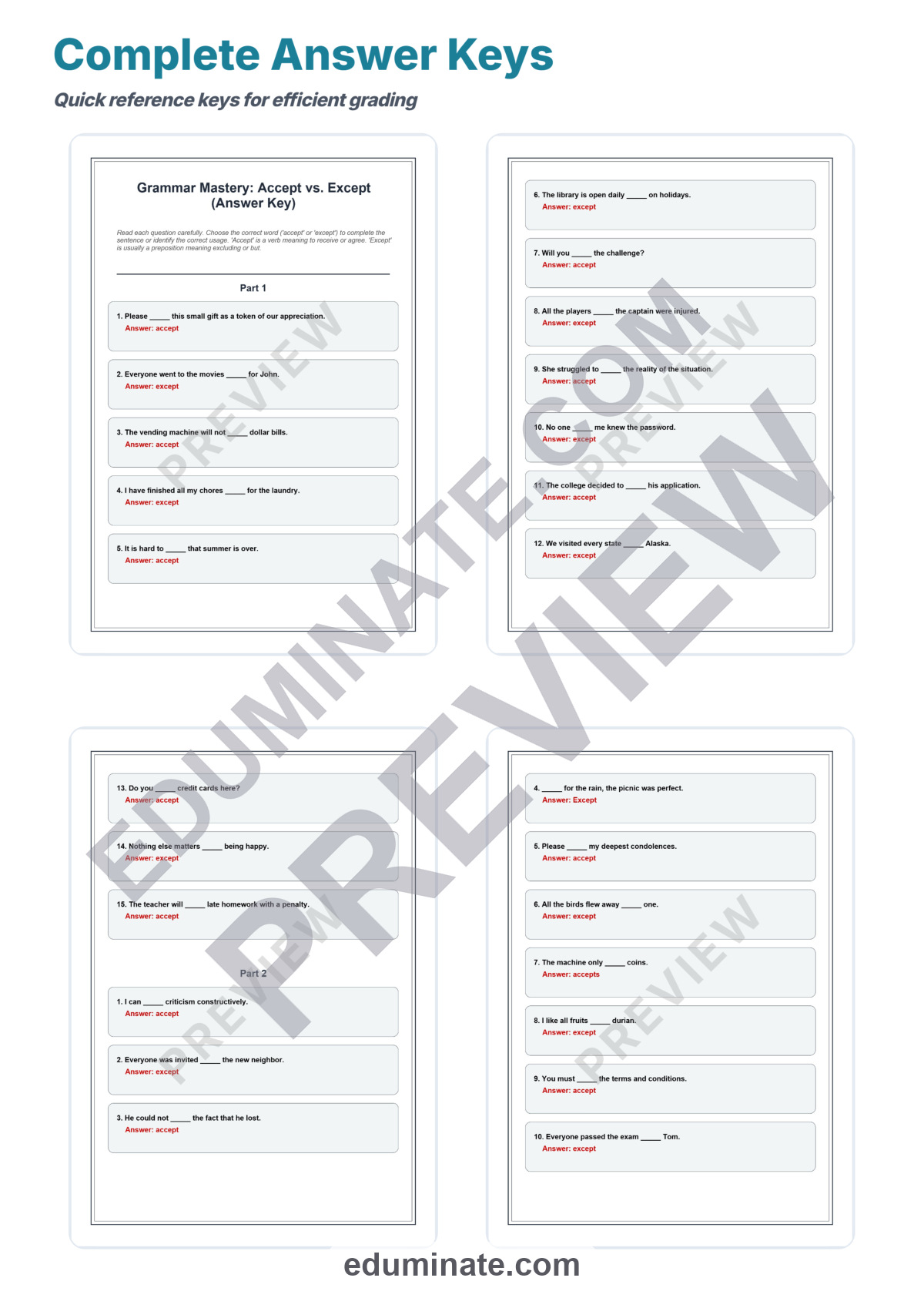 Preview sheet 4 of Accept vs Except Worksheets | Grammar Practice | Reading Passage Activity Pages