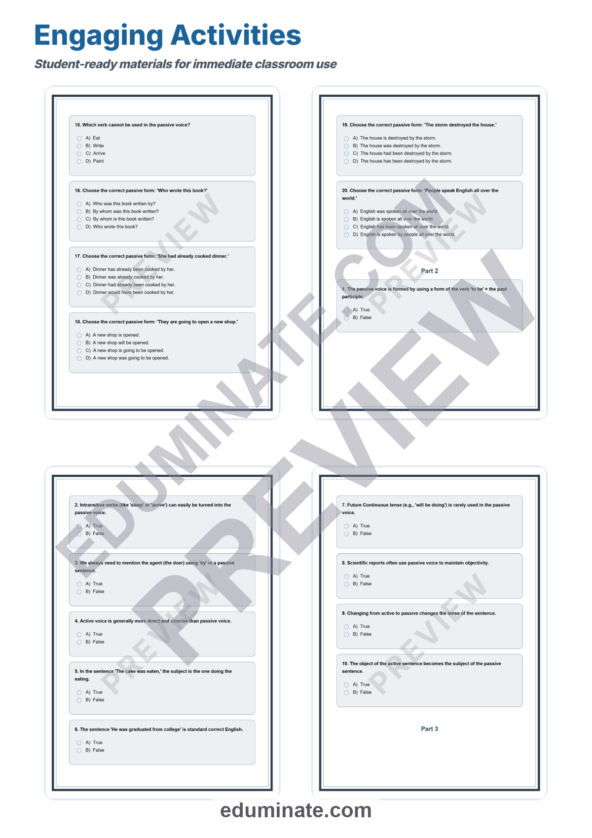 Preview sheet 4 of Active to Passive Voice Worksheet | Grammar Practice | Printable ELA Activity