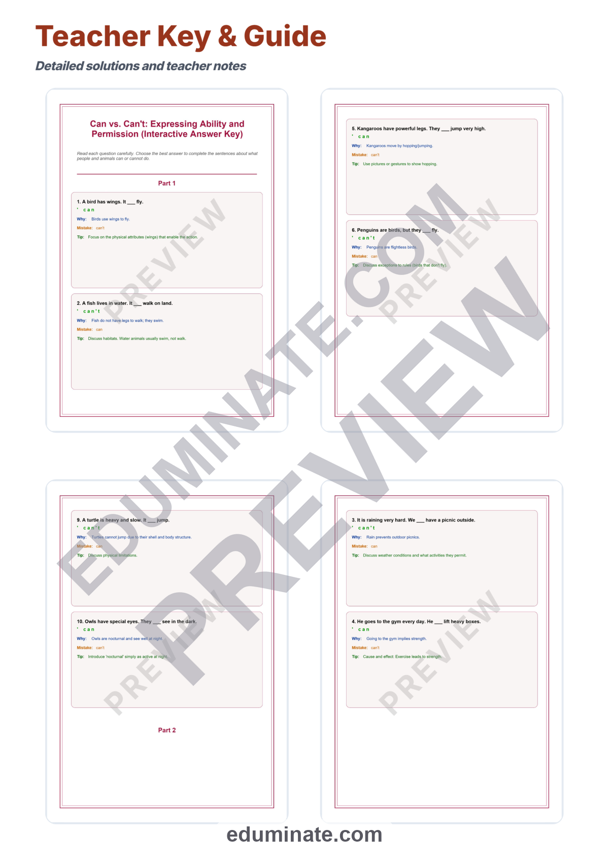 Preview sheet 4 of Can vs Can’t Worksheets | English Grammar Practice | Ability Permission Set
