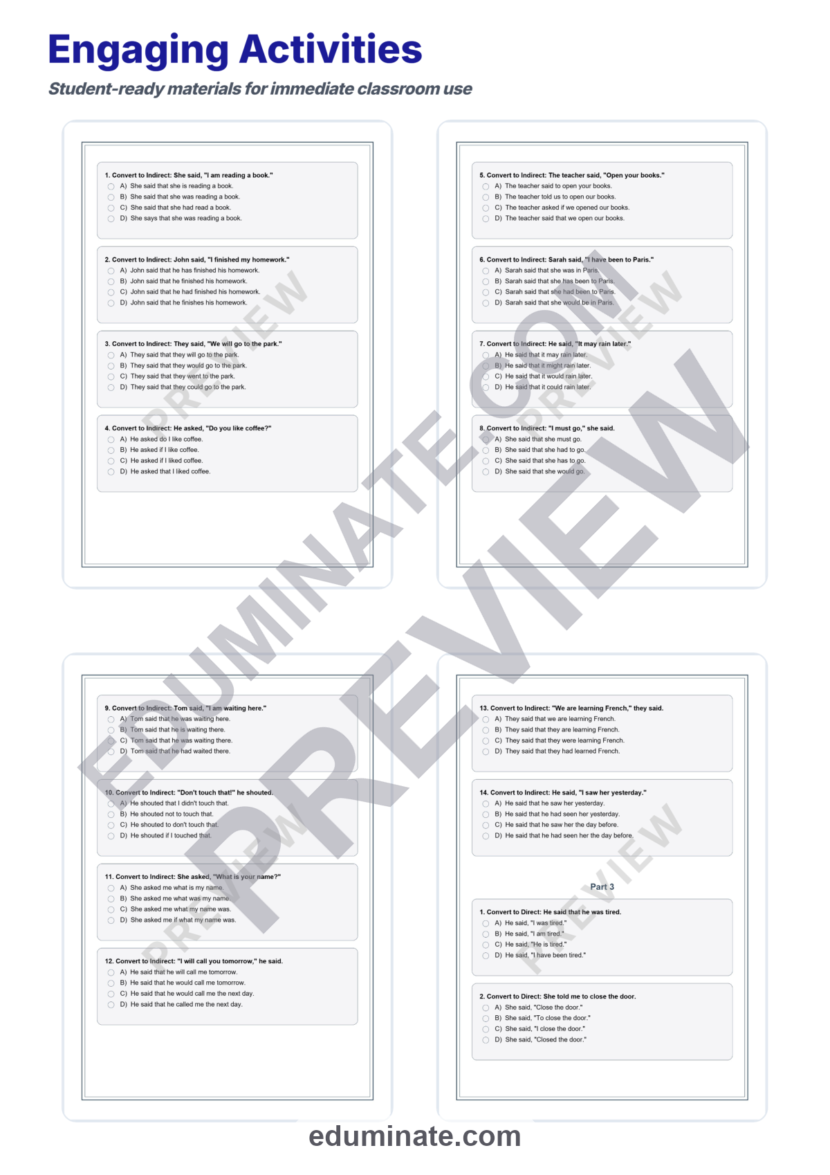 Preview sheet 4 of Direct and Indirect Speech Worksheets | Reported Speech Practice | Grammar Set