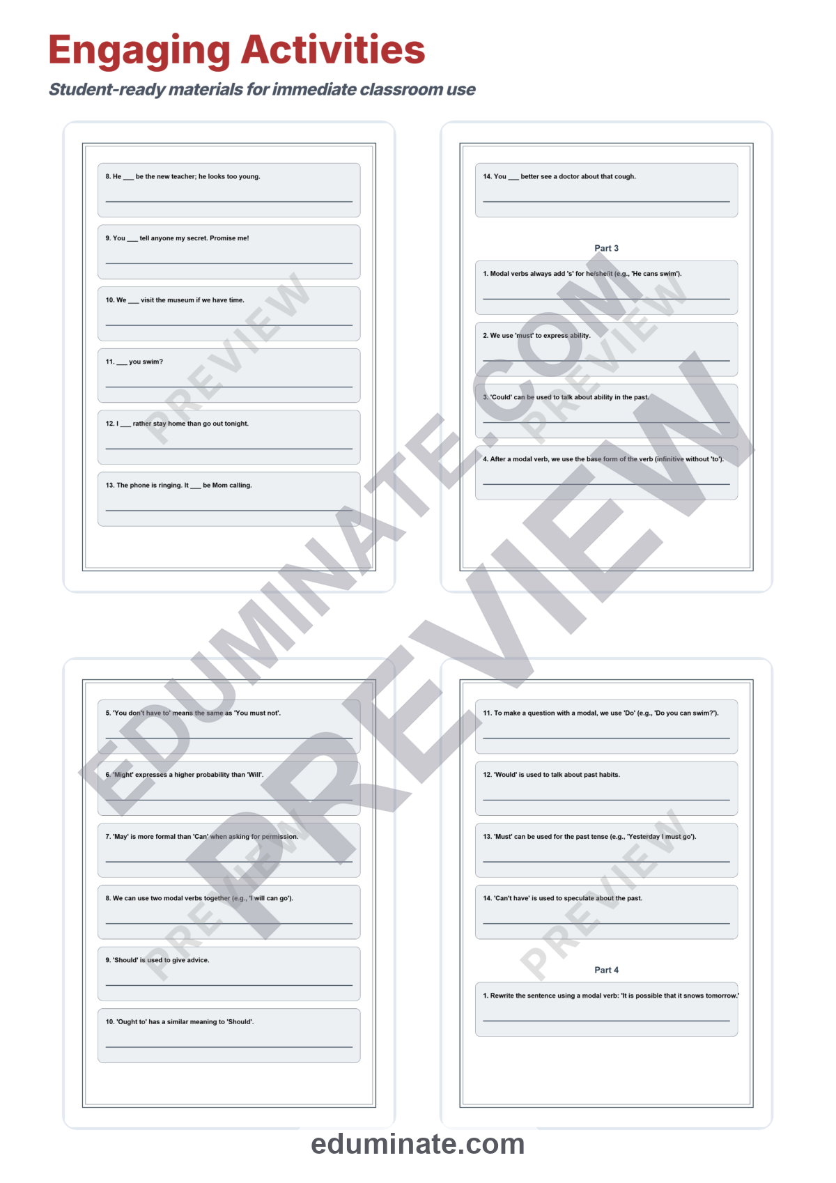 Preview sheet 4 of Modal Verbs Worksheet | English Grammar Practice | Answer Key and Lesson Plan