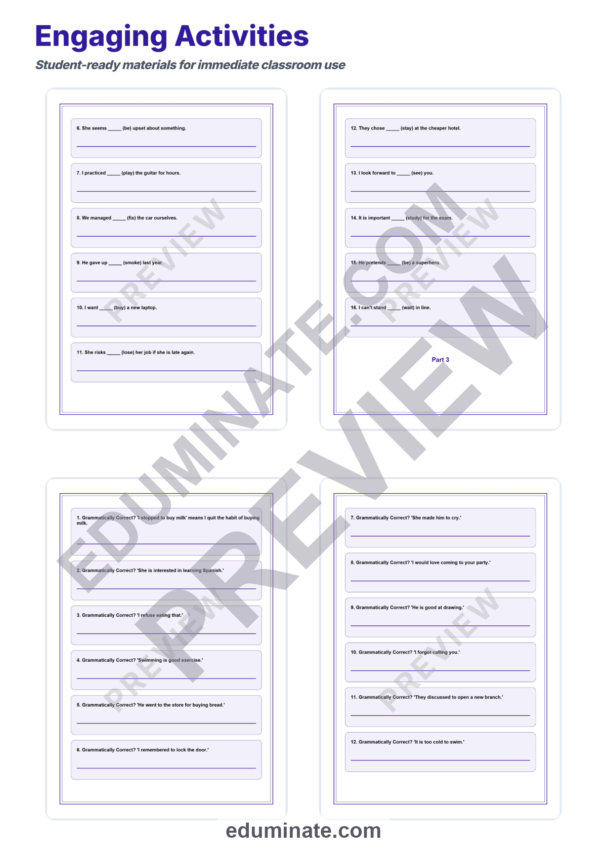 Preview sheet 4 of Gerunds and Infinitives Worksheet | Verb Pattern Practice | Grammar Activity Set