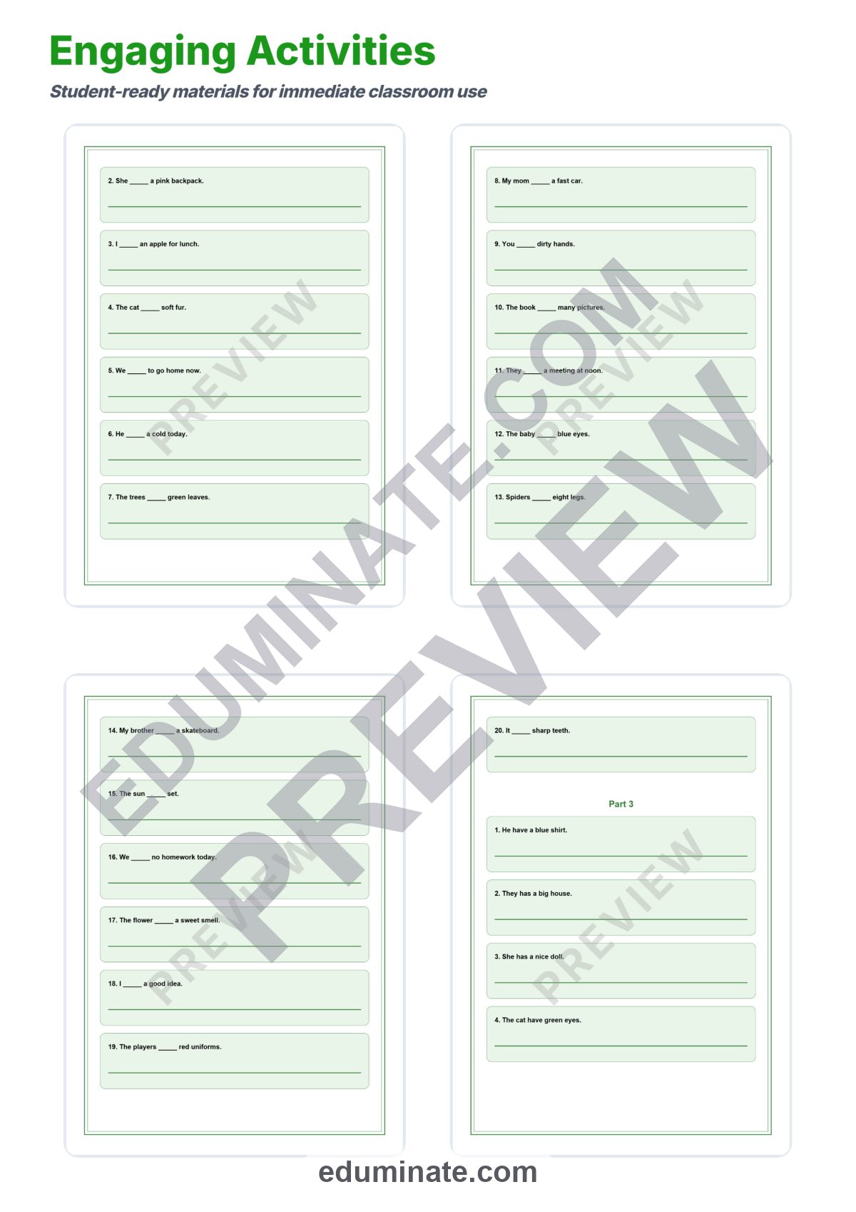 Preview sheet 4 of Have or Has Worksheet | Subject Verb Agreement Practice | Grammar Printables