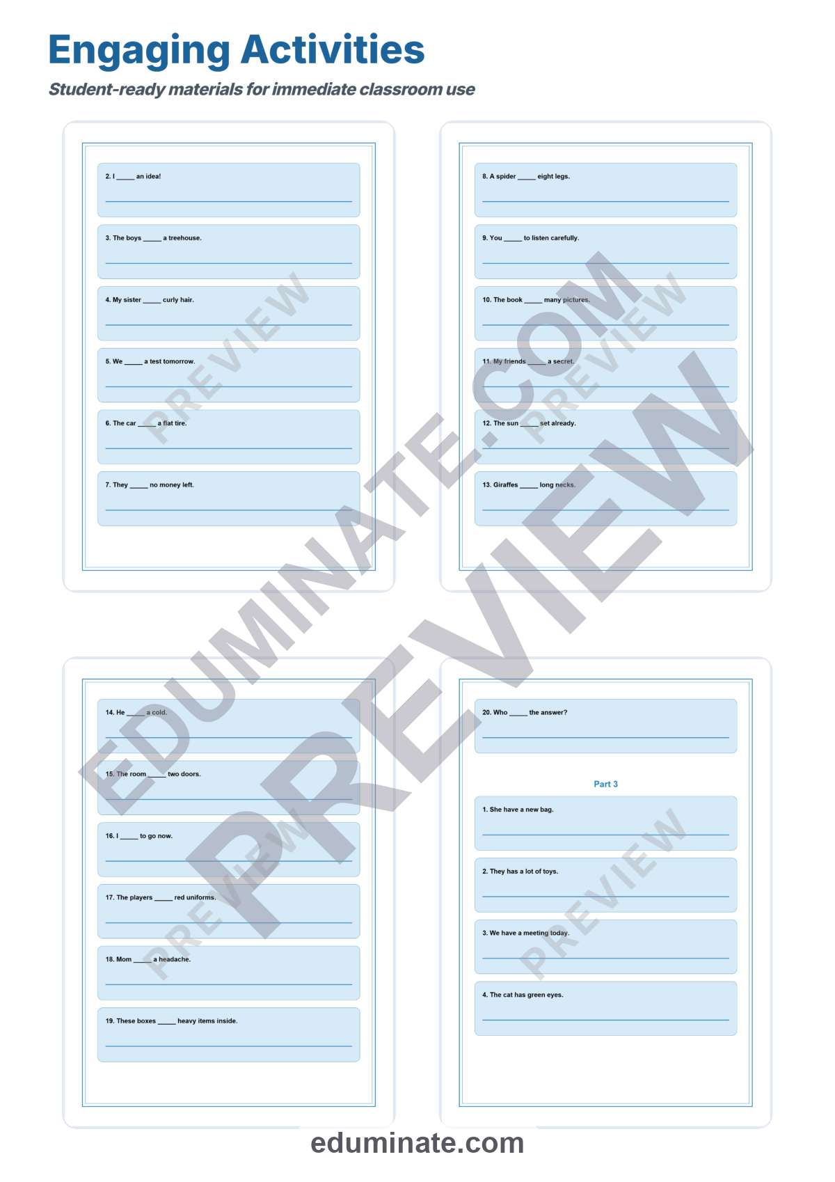 Preview sheet 4 of Subject Verb Agreement Worksheets | Have Has Practice | Grammar Activities Pack