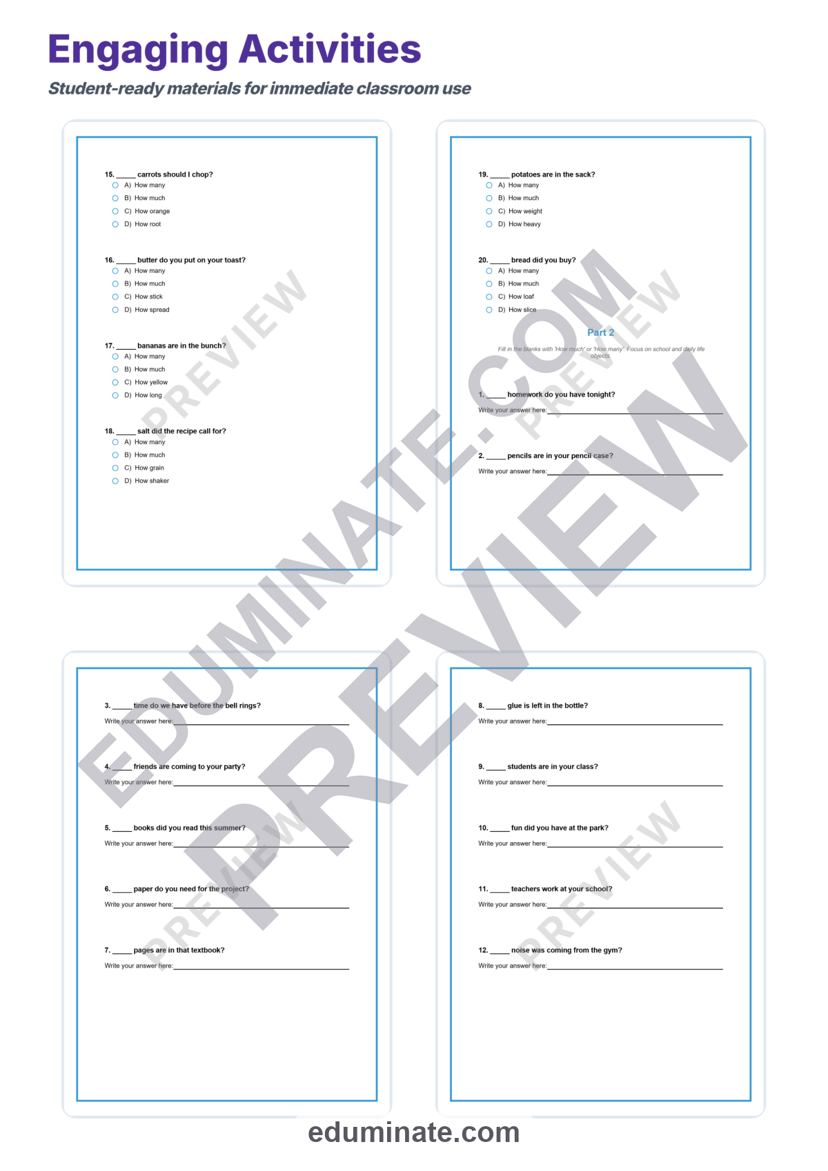 Preview sheet 4 of How Much or How Many Worksheet | Countable and Uncountable Nouns Practice Pack