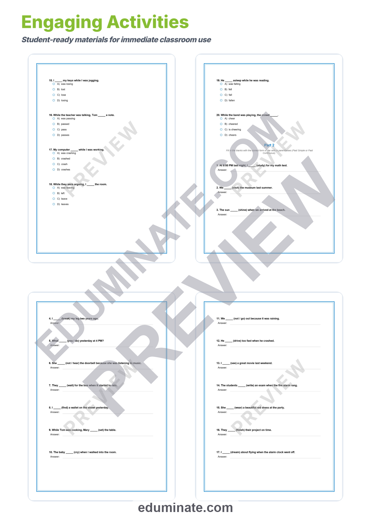 Preview sheet 4 of Past Continuous and Past Simple Worksheets | Grammar Practice With Answer Key
