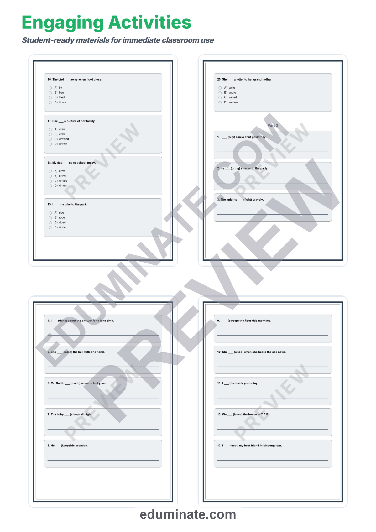 Preview sheet 4 of Past Simple Irregular Verbs Worksheets | Fill In Activity | Grammar Practice Set
