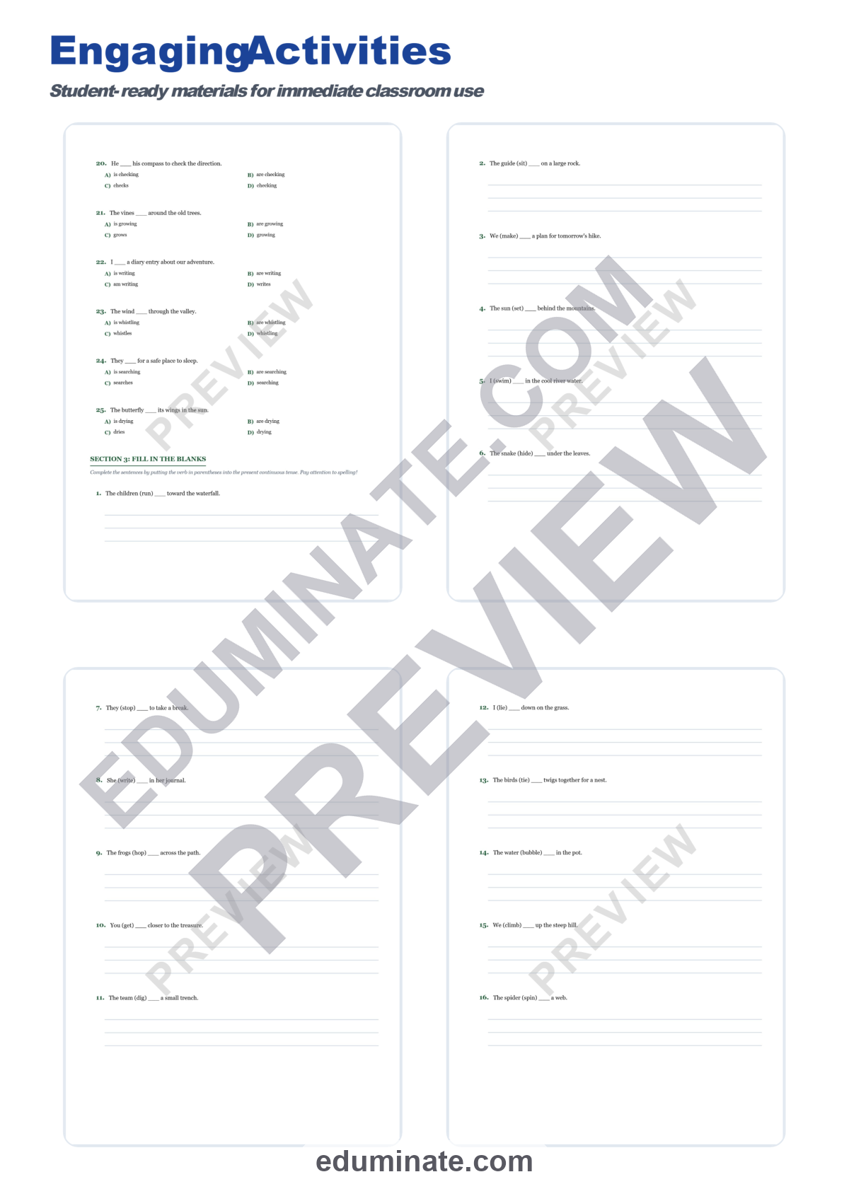 Preview sheet 4 of Present Continuous Tense Worksheets | Jungle Expedition ESL Grammar Practice