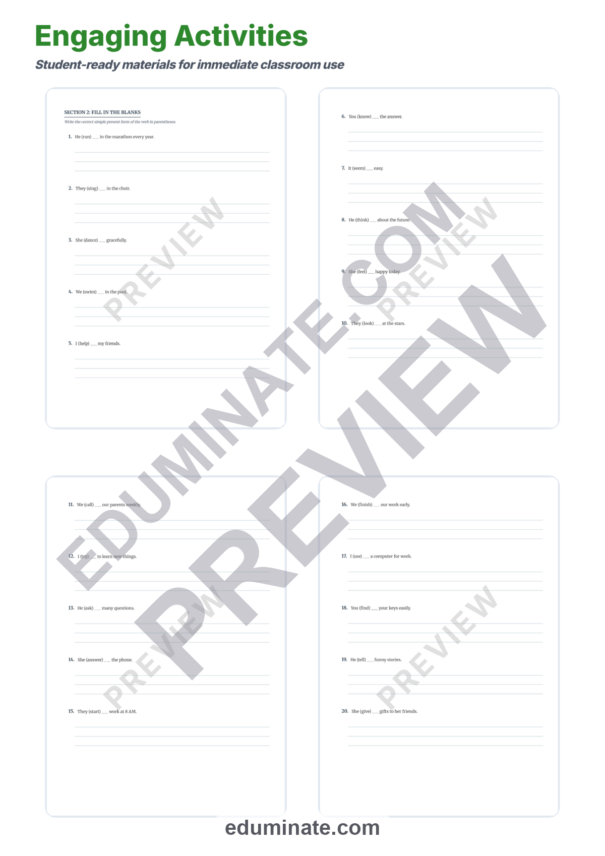 Preview sheet 4 of Simple Present Tense Worksheets | Grammar Practice | Answer Key and Lesson Plan