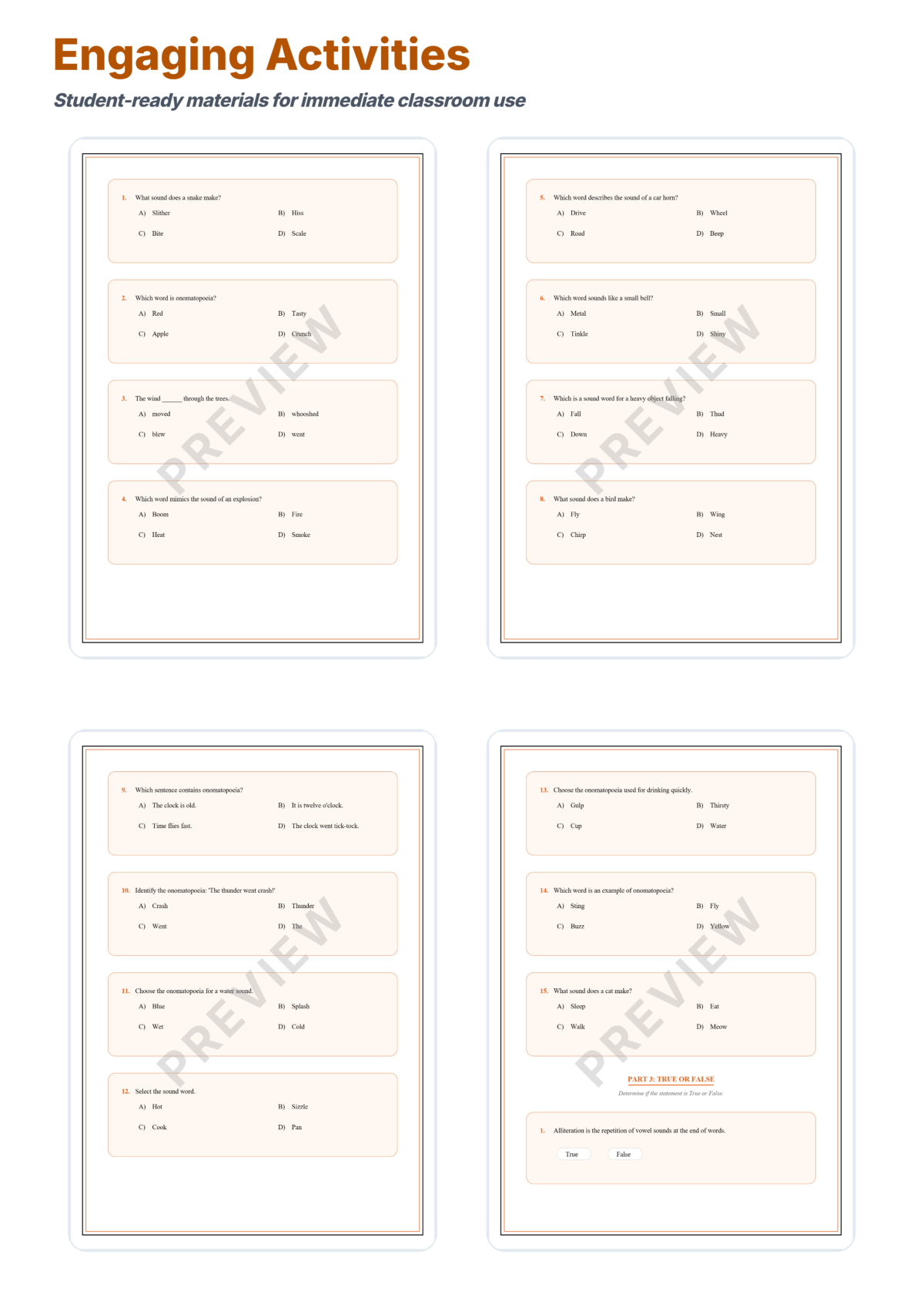 Preview sheet 4 of Alliteration and Onomatopoeia Worksheets | Sound Device Practice | Answer Key