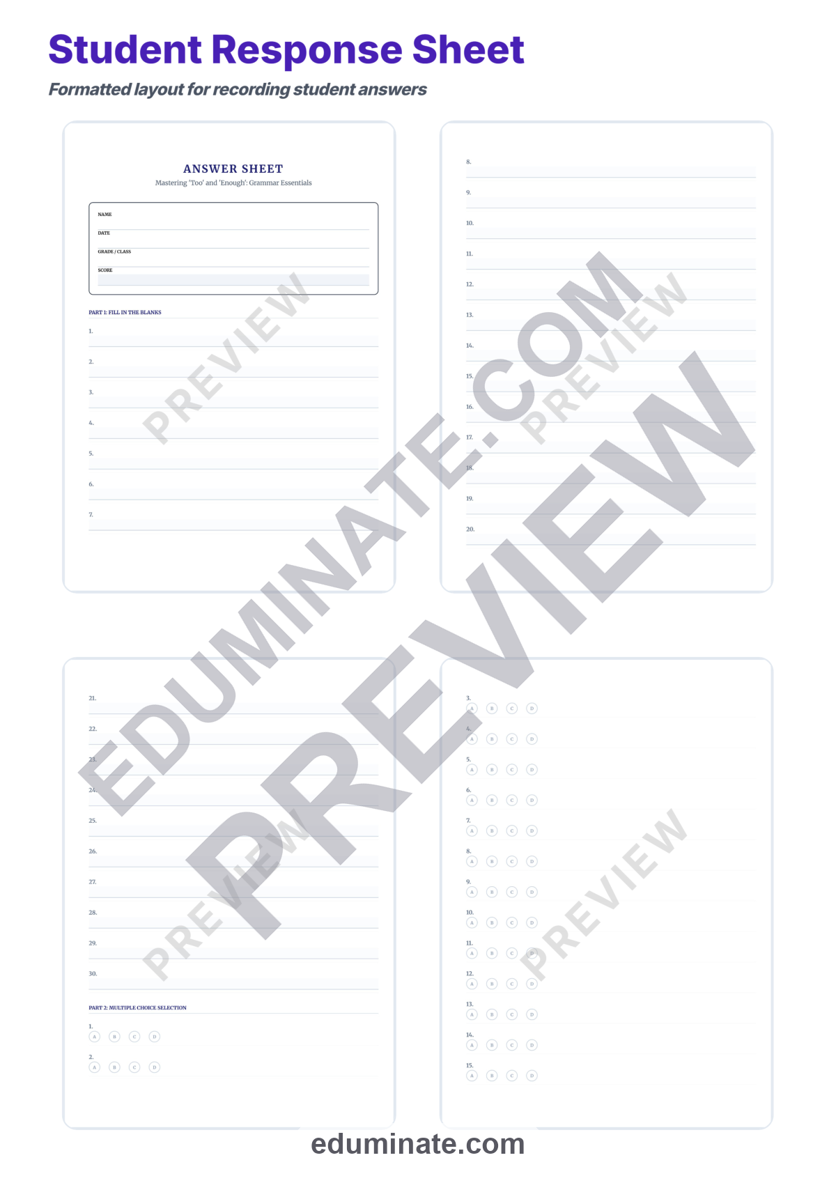 Preview sheet 4 of Too Vs Enough Worksheets | Grammar Practice Activities | Fill In The Blank Set
