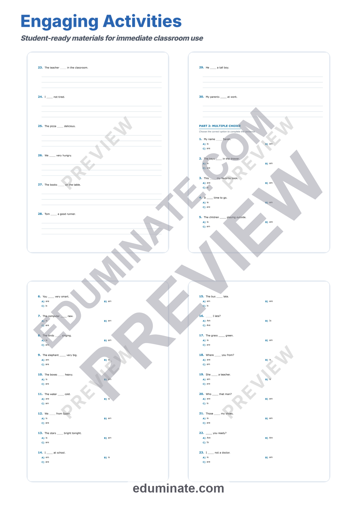 Preview sheet 4 of Verb To Be Worksheets | Am Is Are Practice | Grammar Fill In The Blank Set