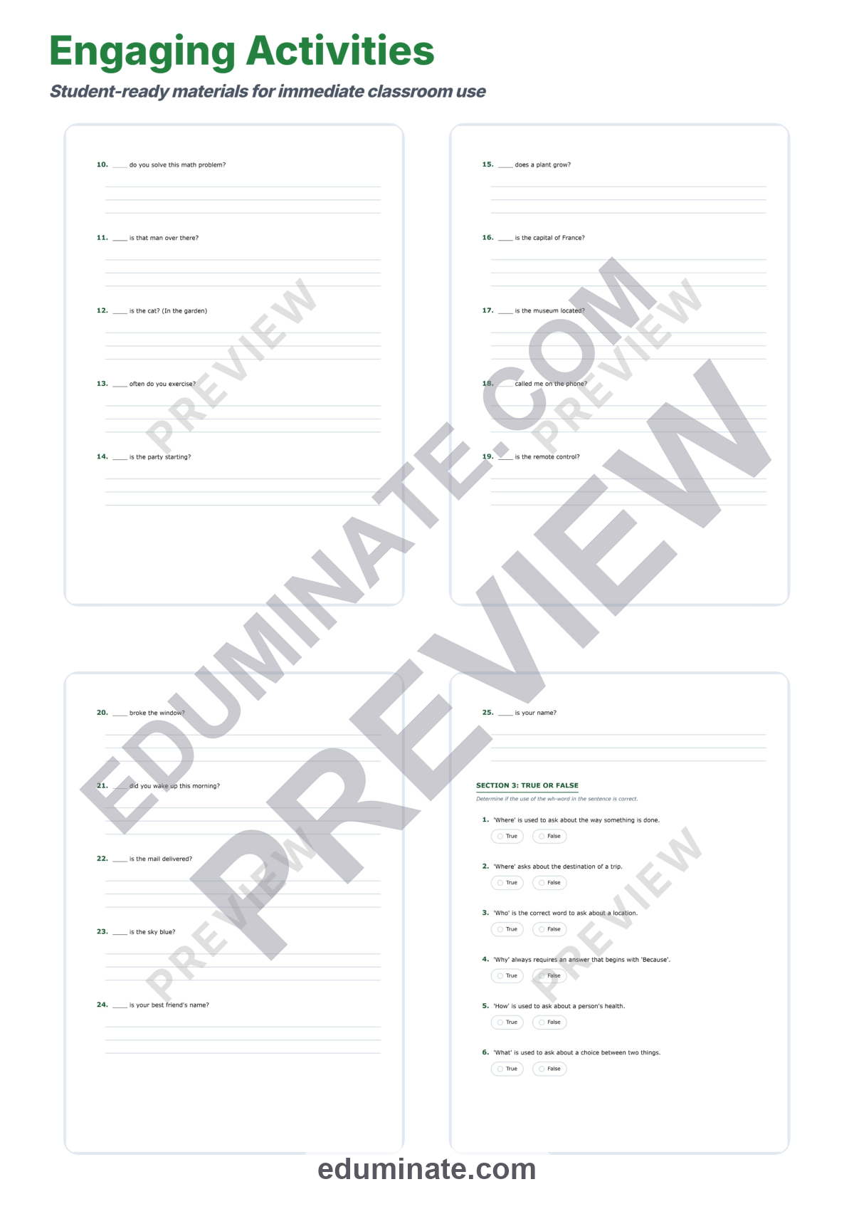 Preview sheet 4 of Wh Questions Worksheets | Who What When Where Why How | Question Words Practice