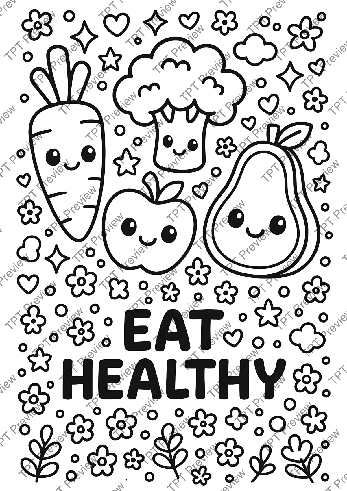 Preview sheet 4 of Fruits and Vegetables Coloring Pages – Kawaii Food Coloring Sheets, 60 Pages