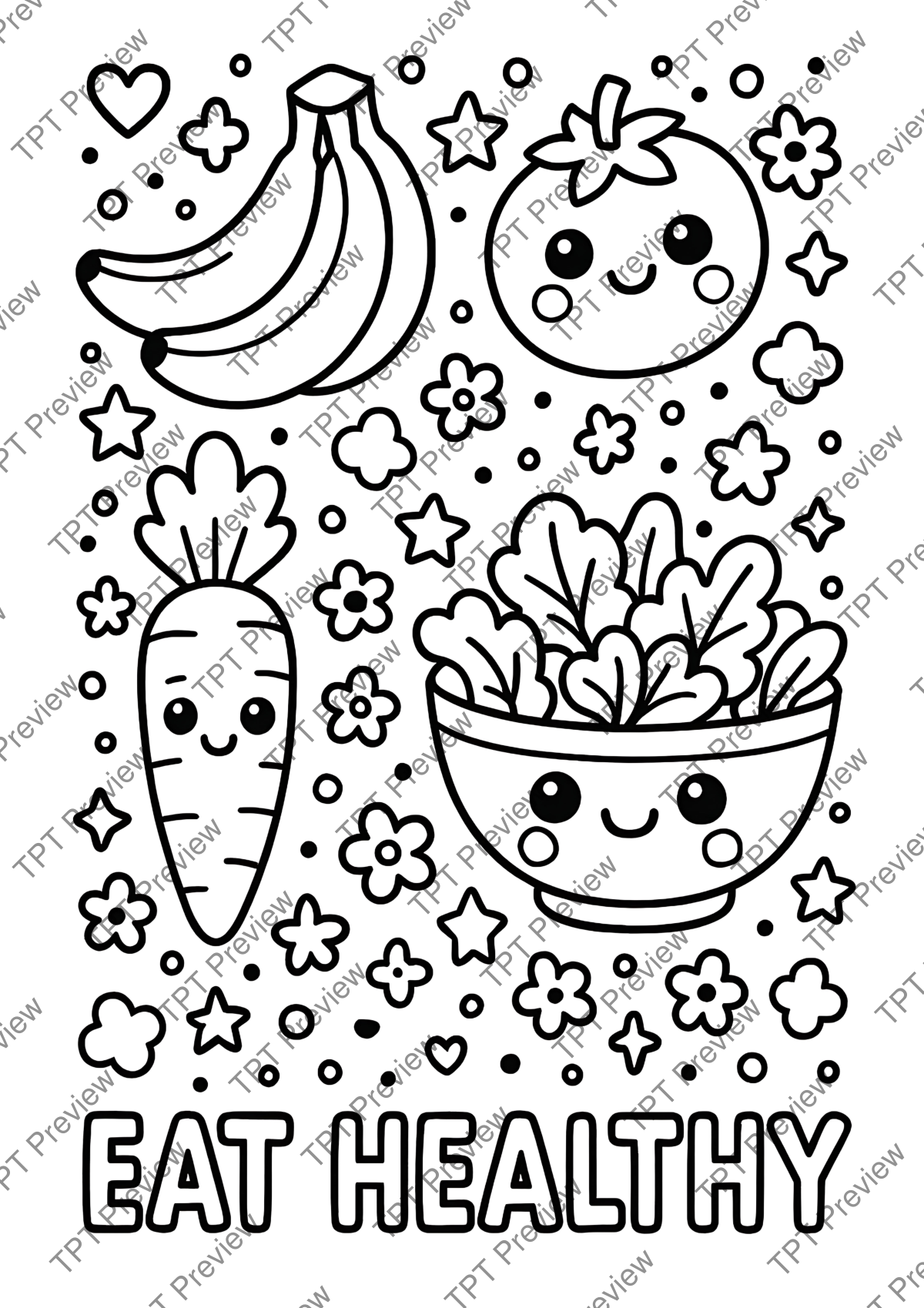 Preview sheet 4 of Healthy Eating Coloring Pages | Kawaii Fruit and Veggie Printables | 30 Pages