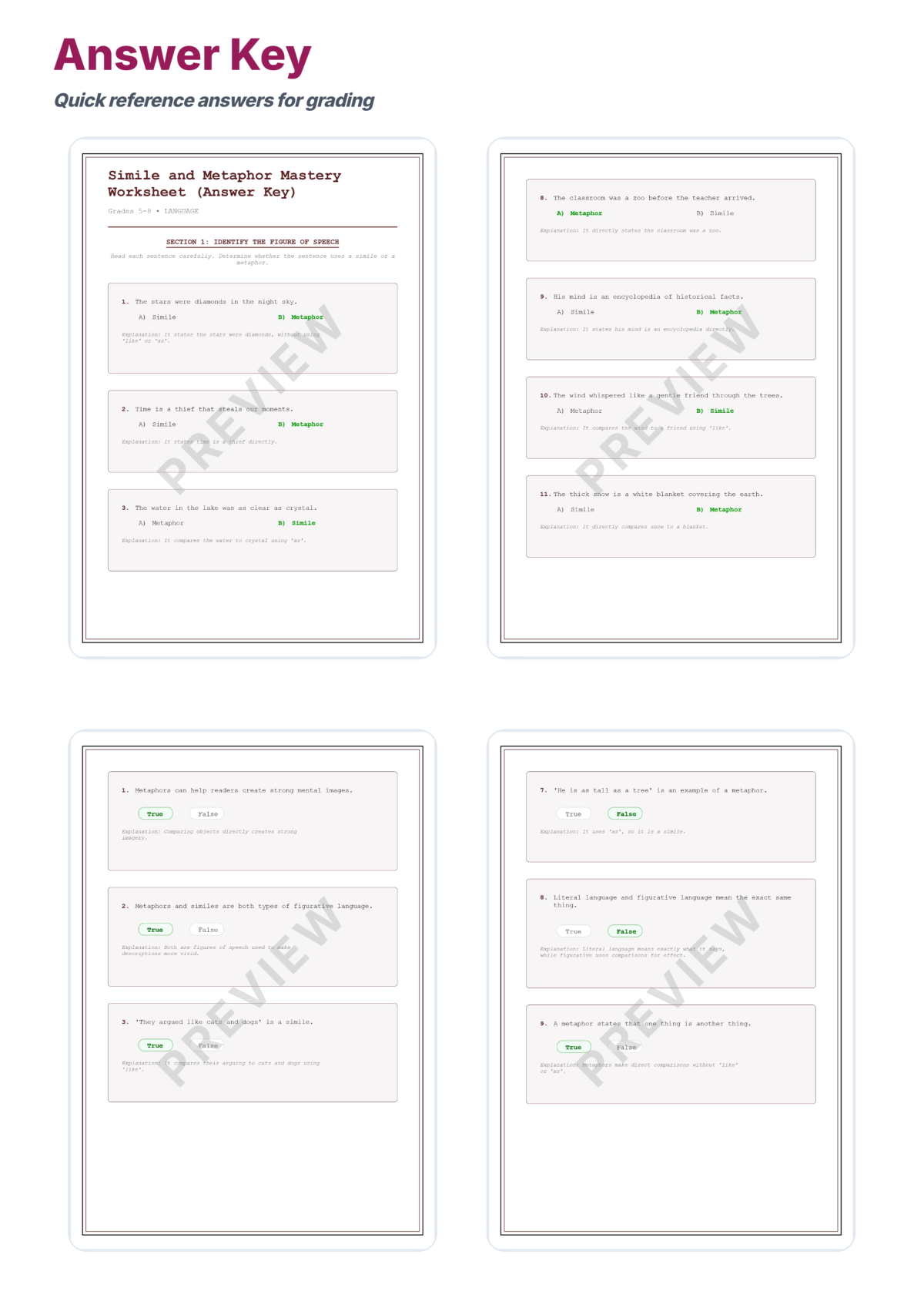 Preview sheet 5 of Simile and Metaphor Worksheets | Figurative Language Practice with Answer Key