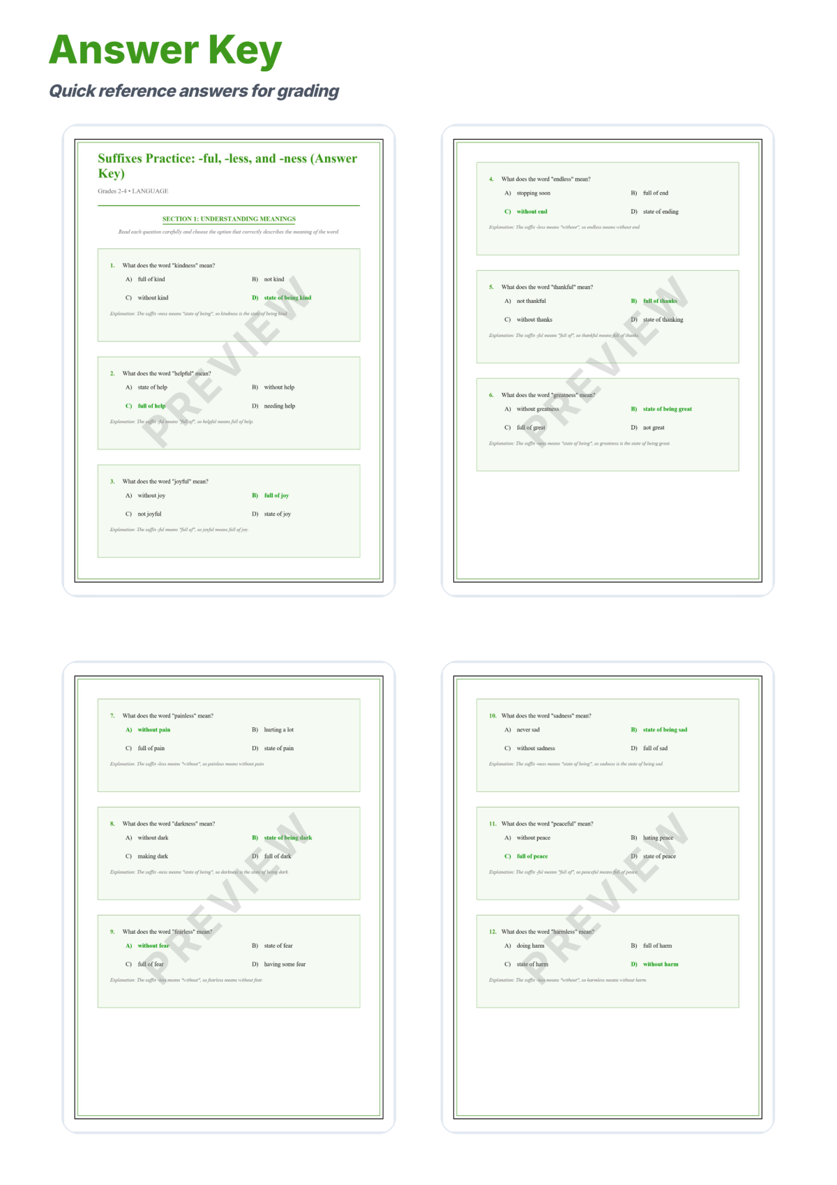 Preview sheet 5 of Suffixes -ful -less -ness Worksheets, Word Meaning Practice with Answer Key