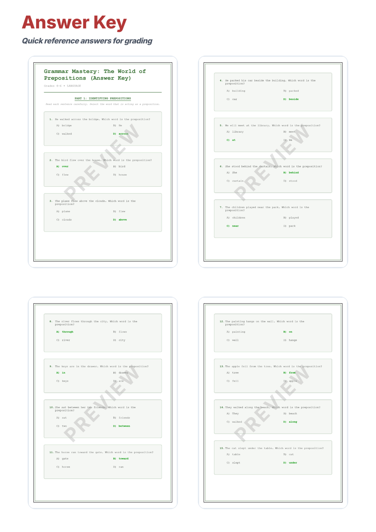 Preview sheet 5 of Prepositions and Prepositional Phrases Worksheets – Time Place & Direction