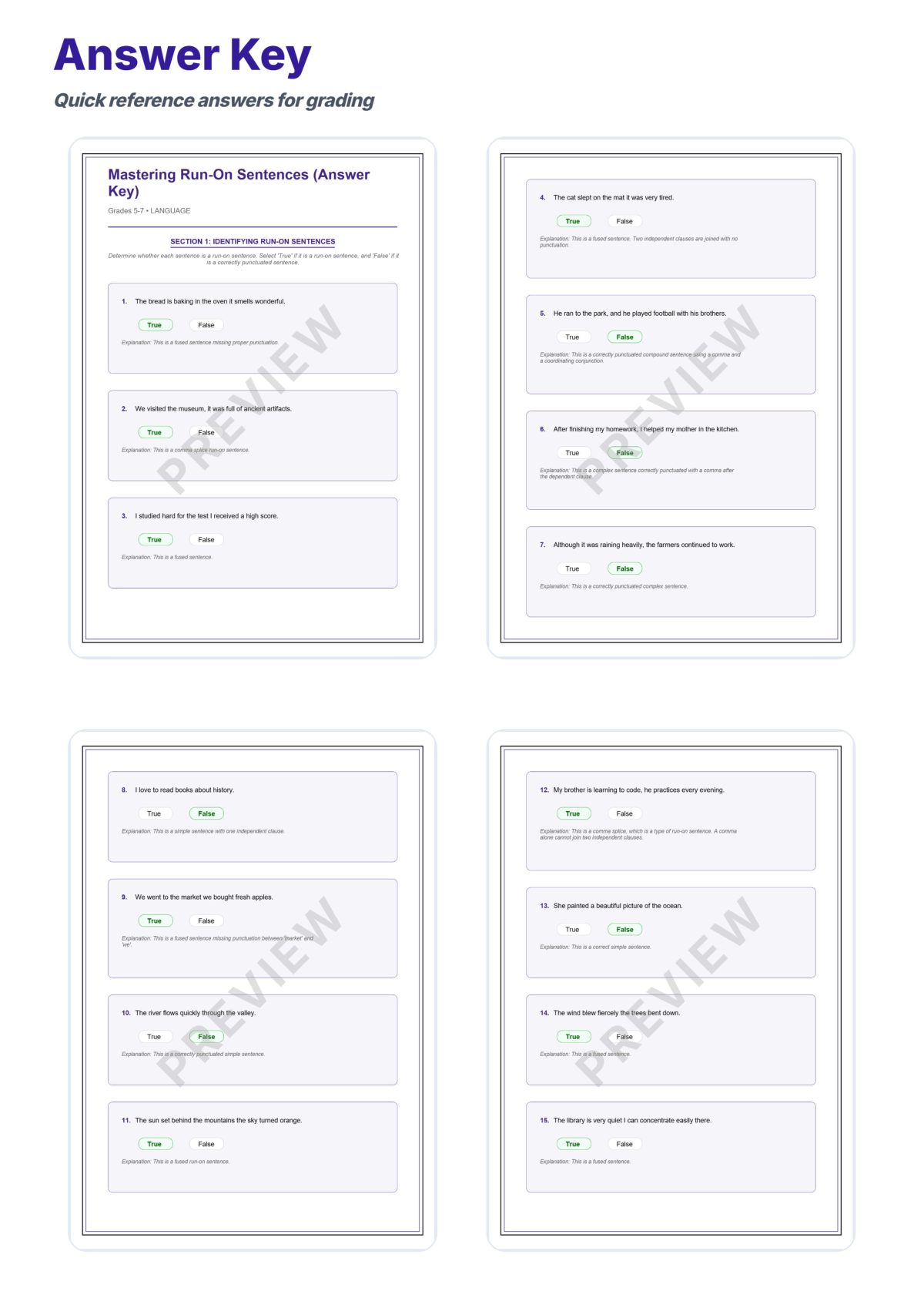 Preview sheet 5 of Run-On Sentences Worksheets – Comma Splices and Fused Sentence Practice Set