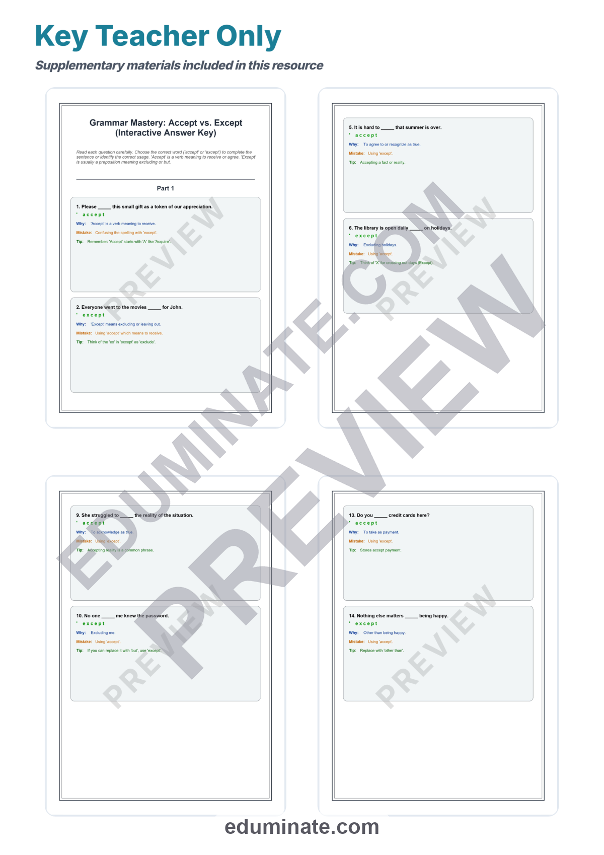 Preview sheet 5 of Accept vs Except Worksheets | Grammar Practice | Reading Passage Activity Pages