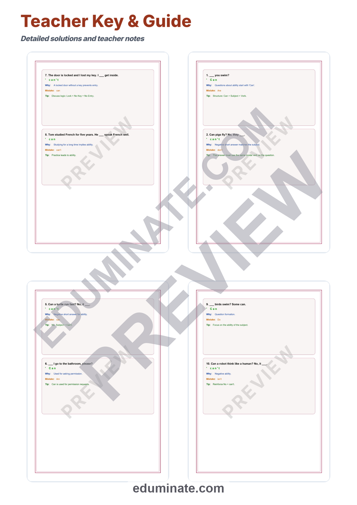 Preview sheet 5 of Can vs Can’t Worksheets | English Grammar Practice | Ability Permission Set