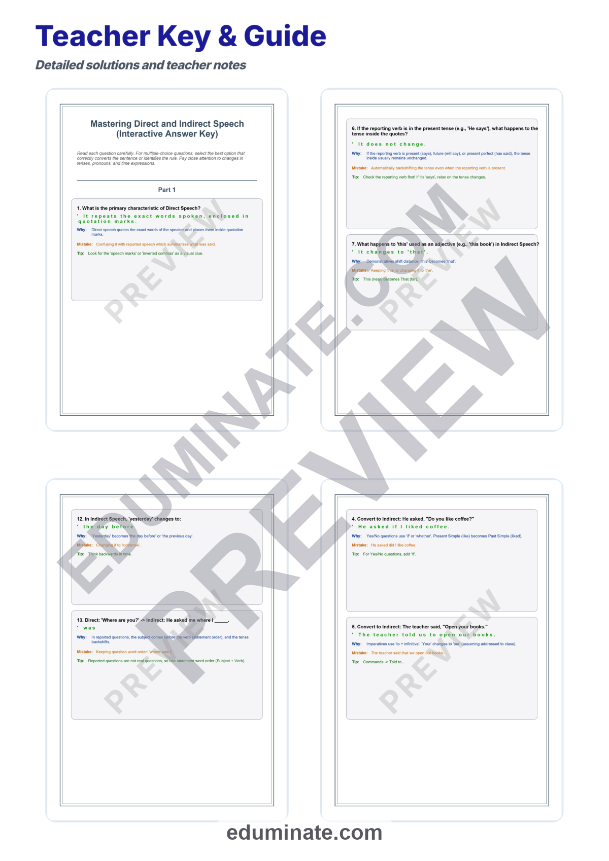 Preview sheet 5 of Direct and Indirect Speech Worksheets | Reported Speech Practice | Grammar Set