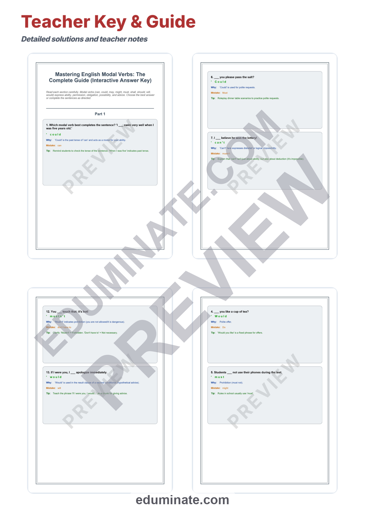 Preview sheet 5 of Modal Verbs Worksheet | English Grammar Practice | Answer Key and Lesson Plan