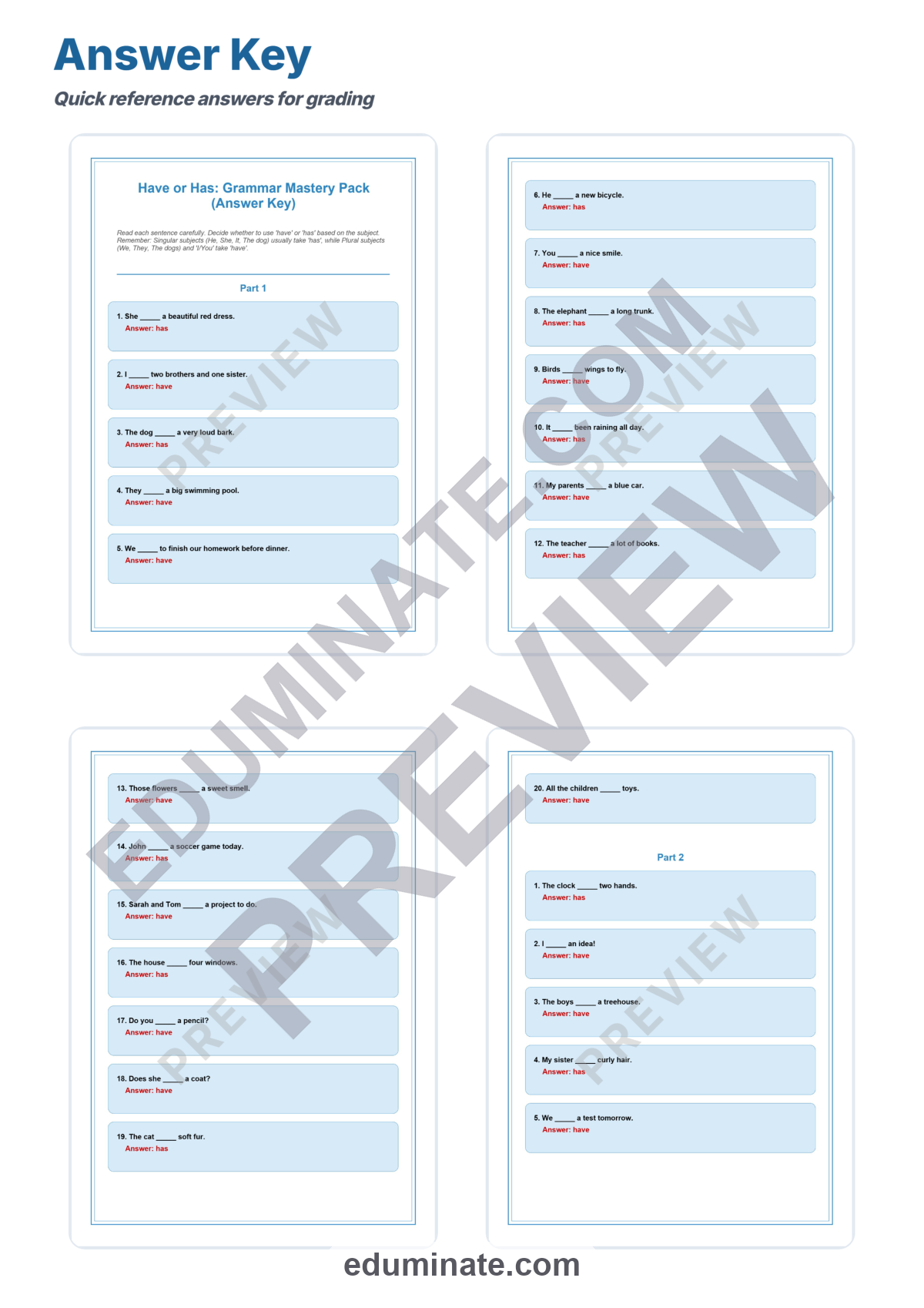 Preview sheet 5 of Subject Verb Agreement Worksheets | Have Has Practice | Grammar Activities Pack