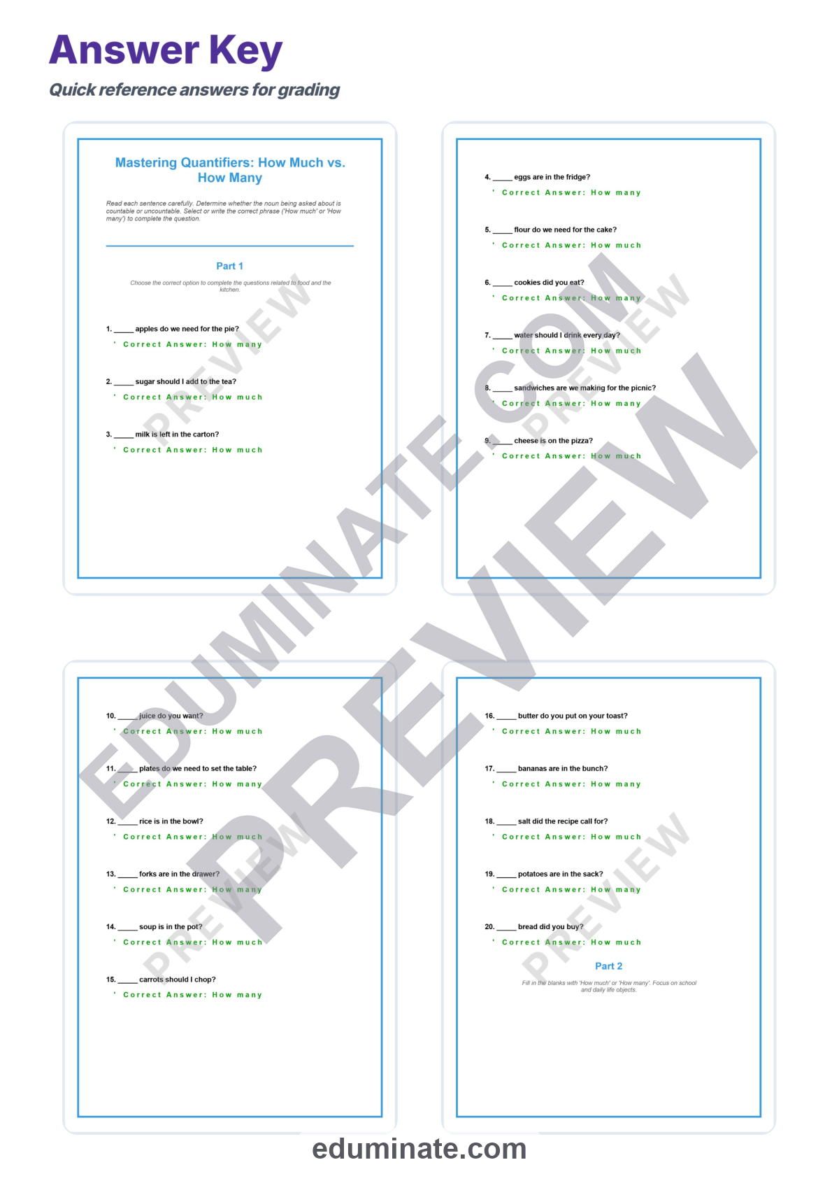 Preview sheet 5 of How Much or How Many Worksheet | Countable and Uncountable Nouns Practice Pack