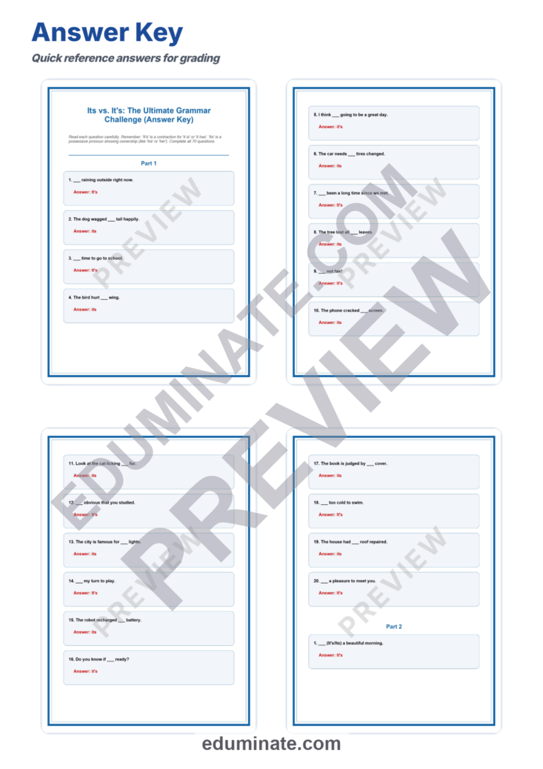 Its Vs It’s Grammar Worksheet | Contractions and Possessives | Practice Pages sample page 5