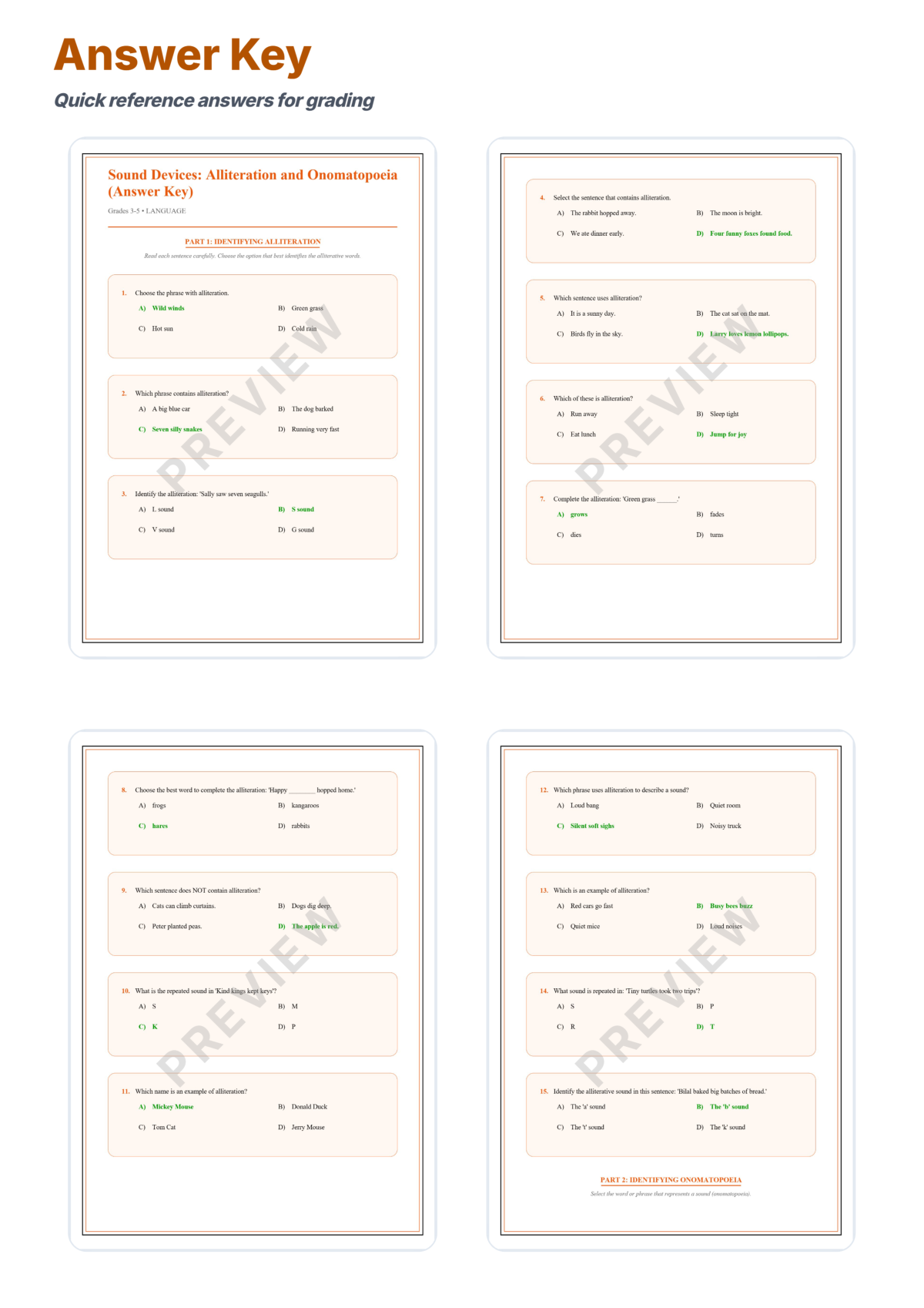 Preview sheet 5 of Alliteration and Onomatopoeia Worksheets | Sound Device Practice | Answer Key