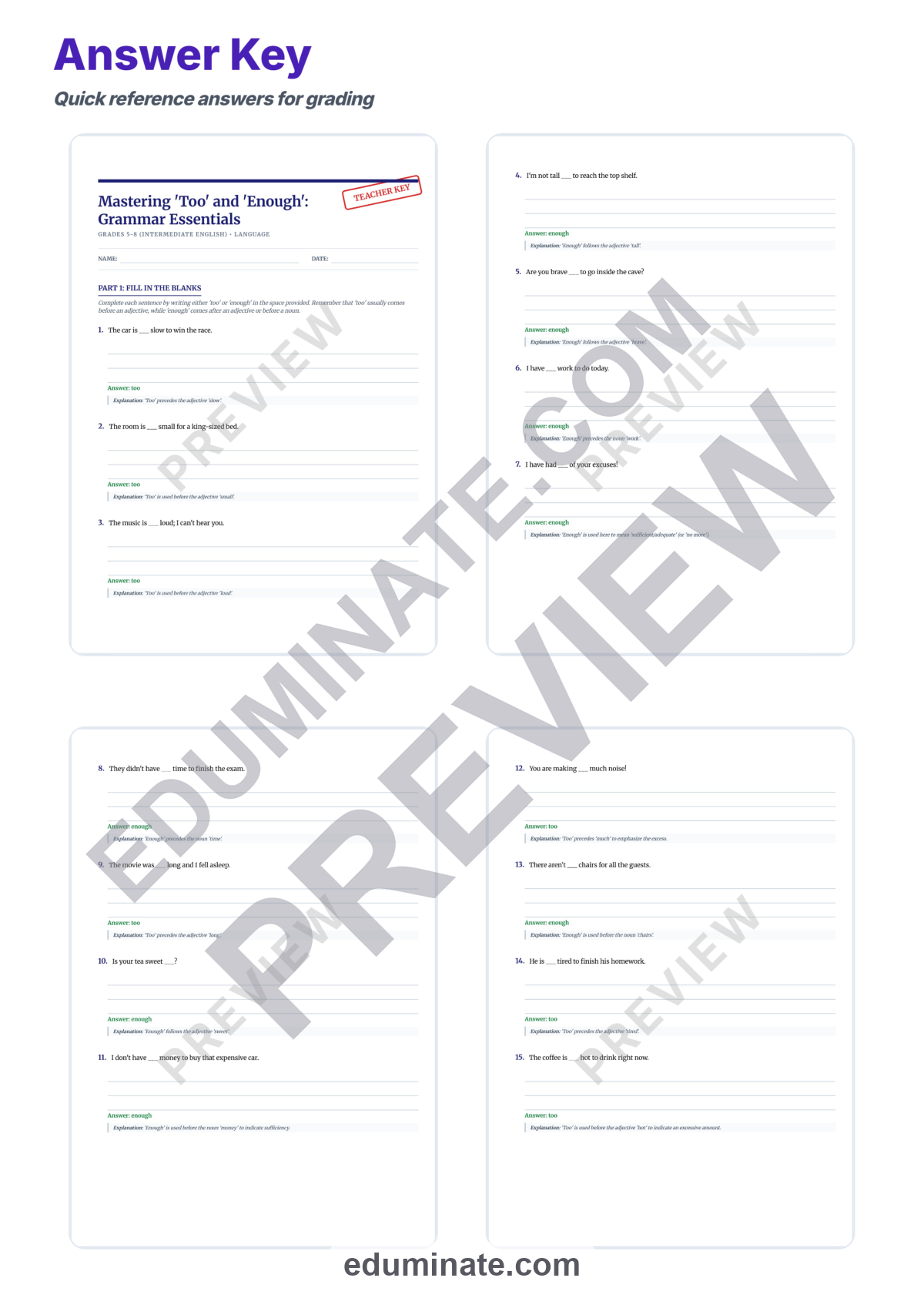 Preview sheet 5 of Too Vs Enough Worksheets | Grammar Practice Activities | Fill In The Blank Set