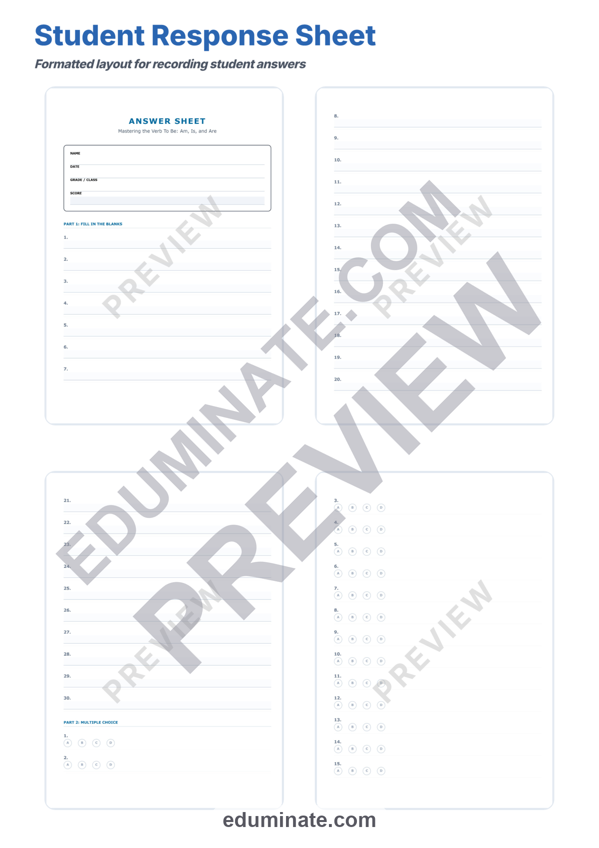 Preview sheet 5 of Verb To Be Worksheets | Am Is Are Practice | Grammar Fill In The Blank Set