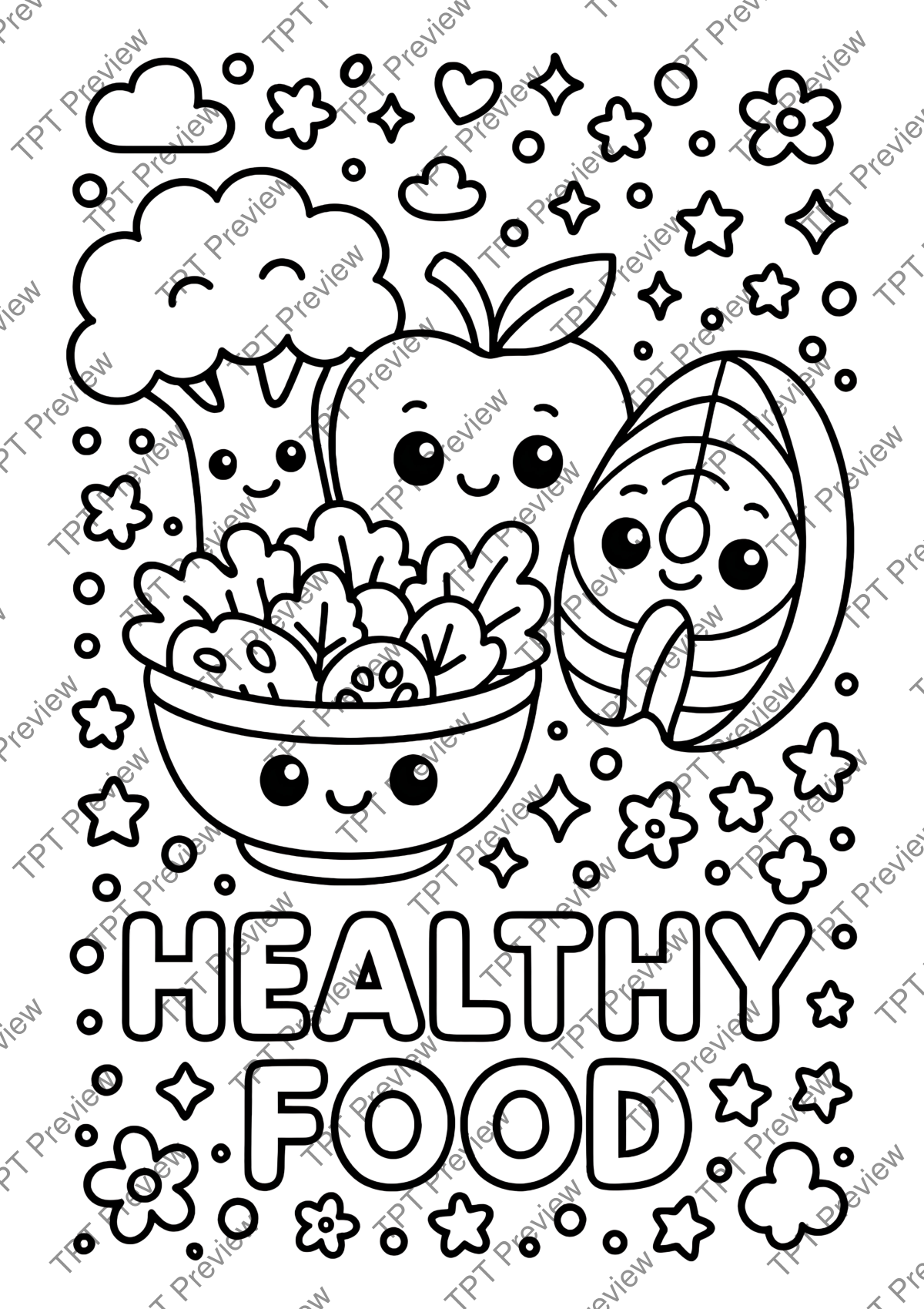 Preview sheet 5 of Fruits and Vegetables Coloring Pages – Kawaii Food Coloring Sheets, 60 Pages