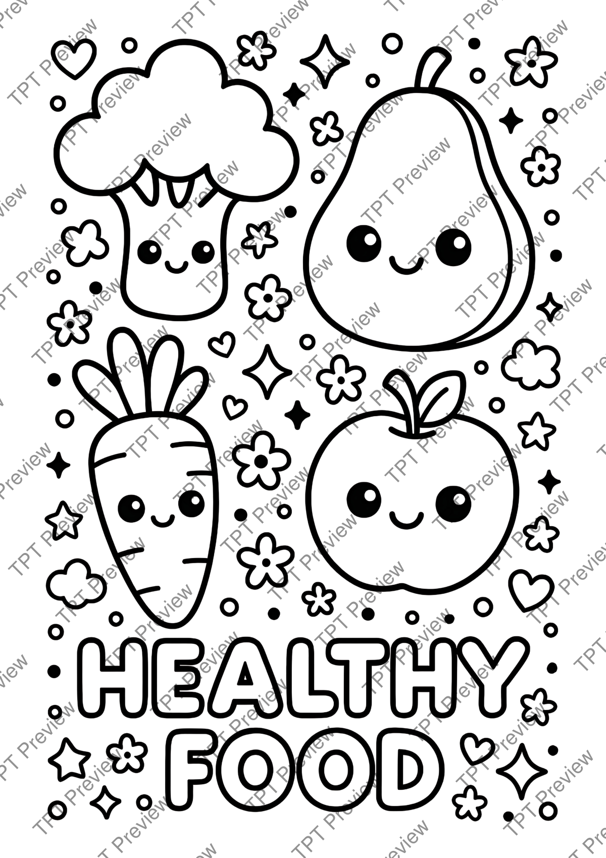 Preview sheet 5 of Healthy Eating Coloring Pages | Kawaii Fruit and Veggie Printables | 30 Pages