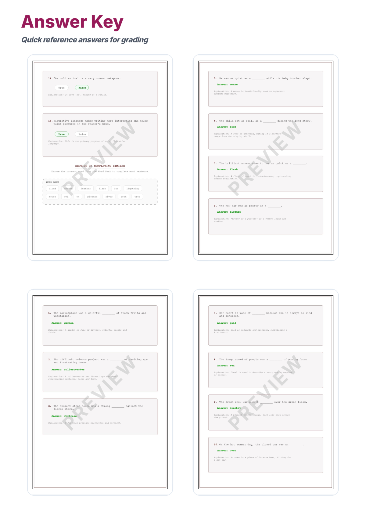 Preview sheet 6 of Simile and Metaphor Worksheets | Figurative Language Practice with Answer Key