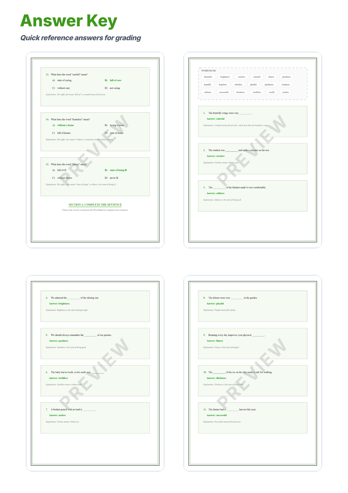 Preview sheet 6 of Suffixes -ful -less -ness Worksheets, Word Meaning Practice with Answer Key