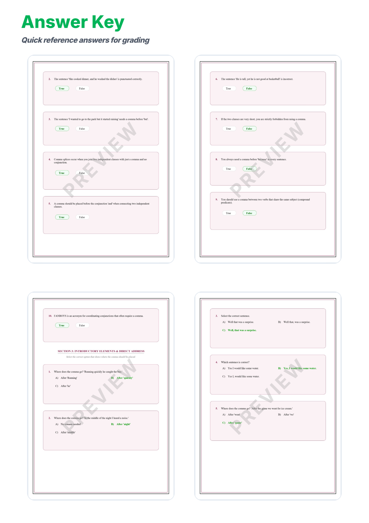 Preview sheet 6 of Comma Usage Worksheet Packet – Series Introductory Clauses and Dates Rules