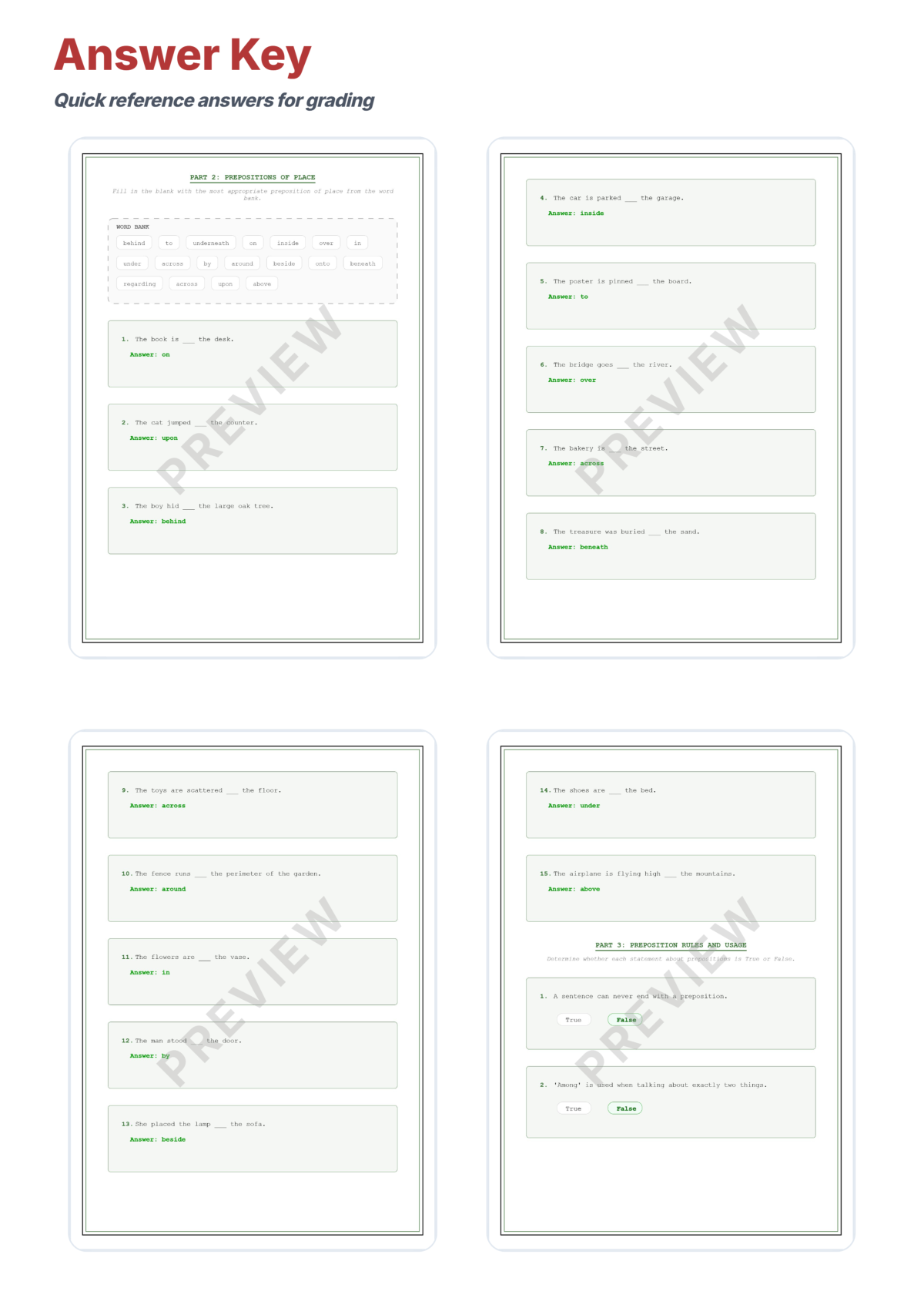 Preview sheet 6 of Prepositions and Prepositional Phrases Worksheets – Time Place & Direction