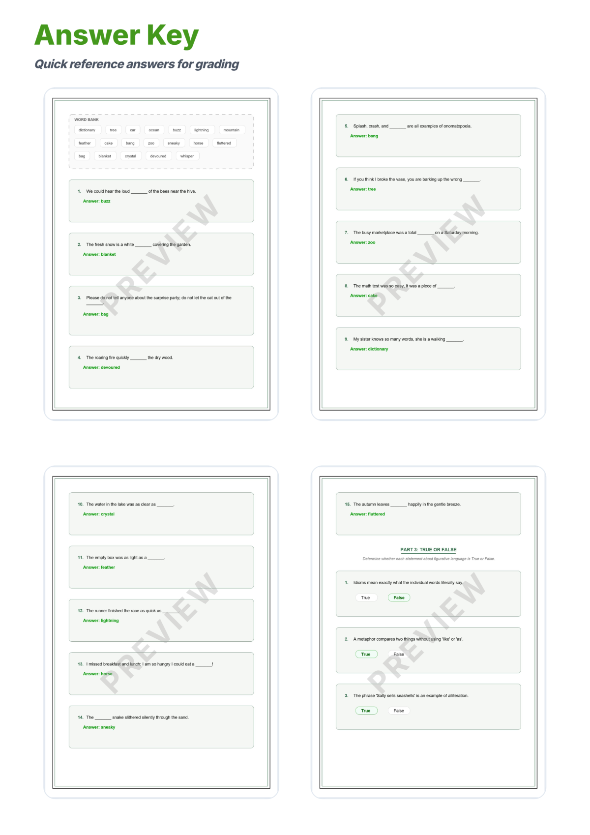 Preview sheet 6 of Figurative Language Worksheets – Simile Metaphor Personification & Idioms